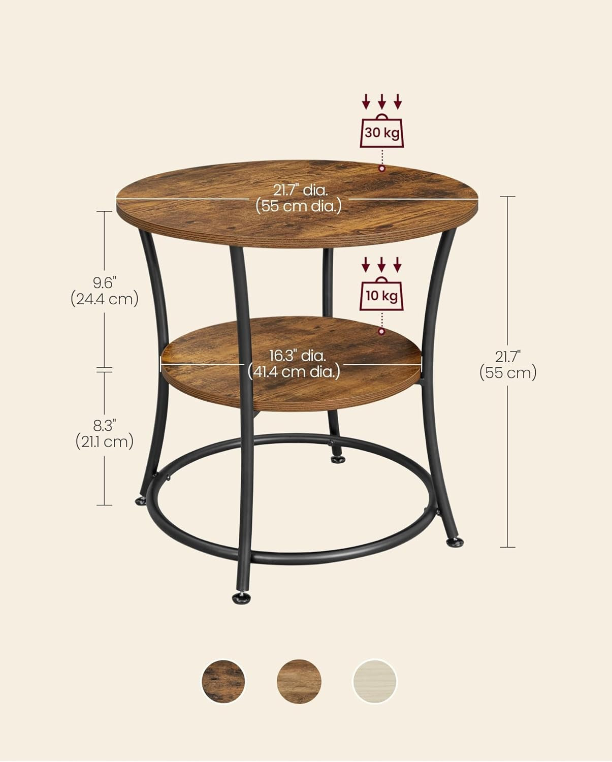 Industrial Round Side Table with 2 Shelves, Rustic Wood End Table for Bedroom