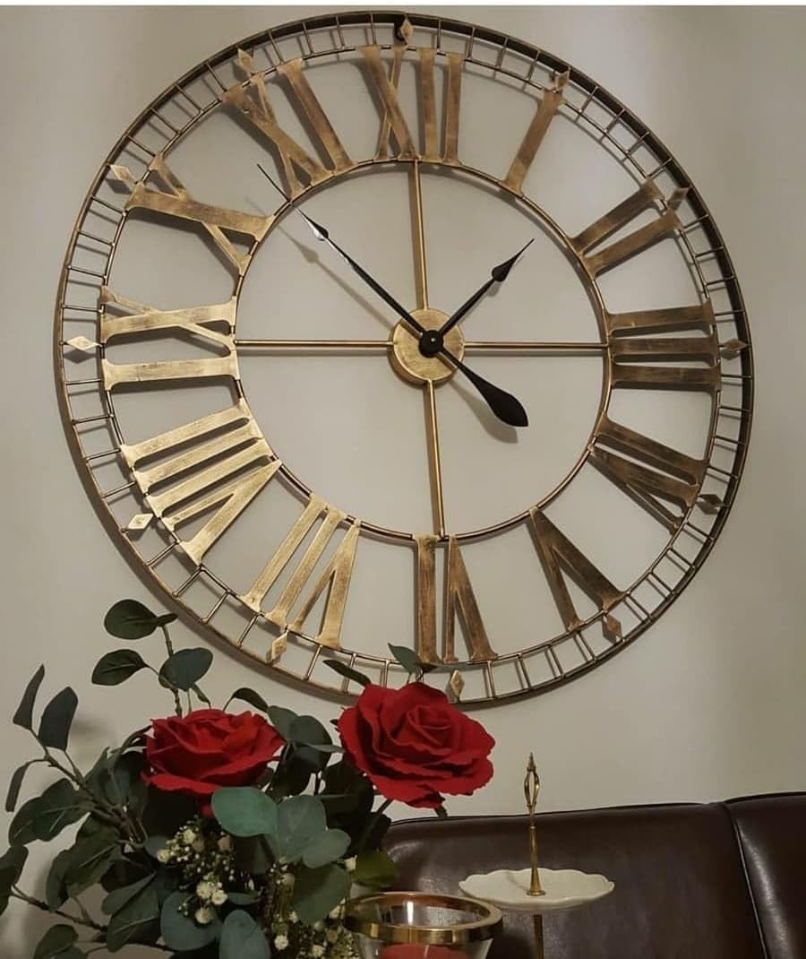 88cm Rustic Gold Skeleton Wall Clock Large Roman Numerals Living Room