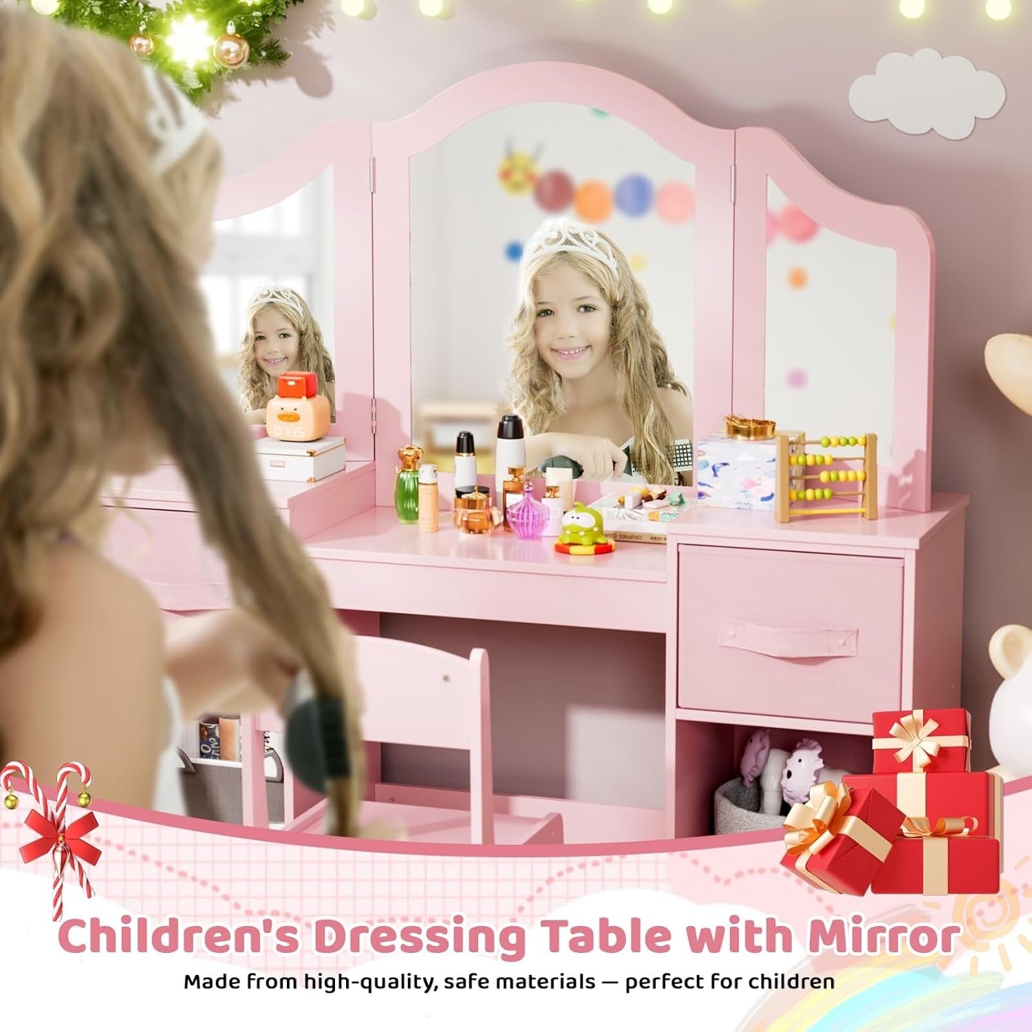 Kids Vanity Table & Chair Set with Tri-Fold Mirror Storage Desk Pink 108cm