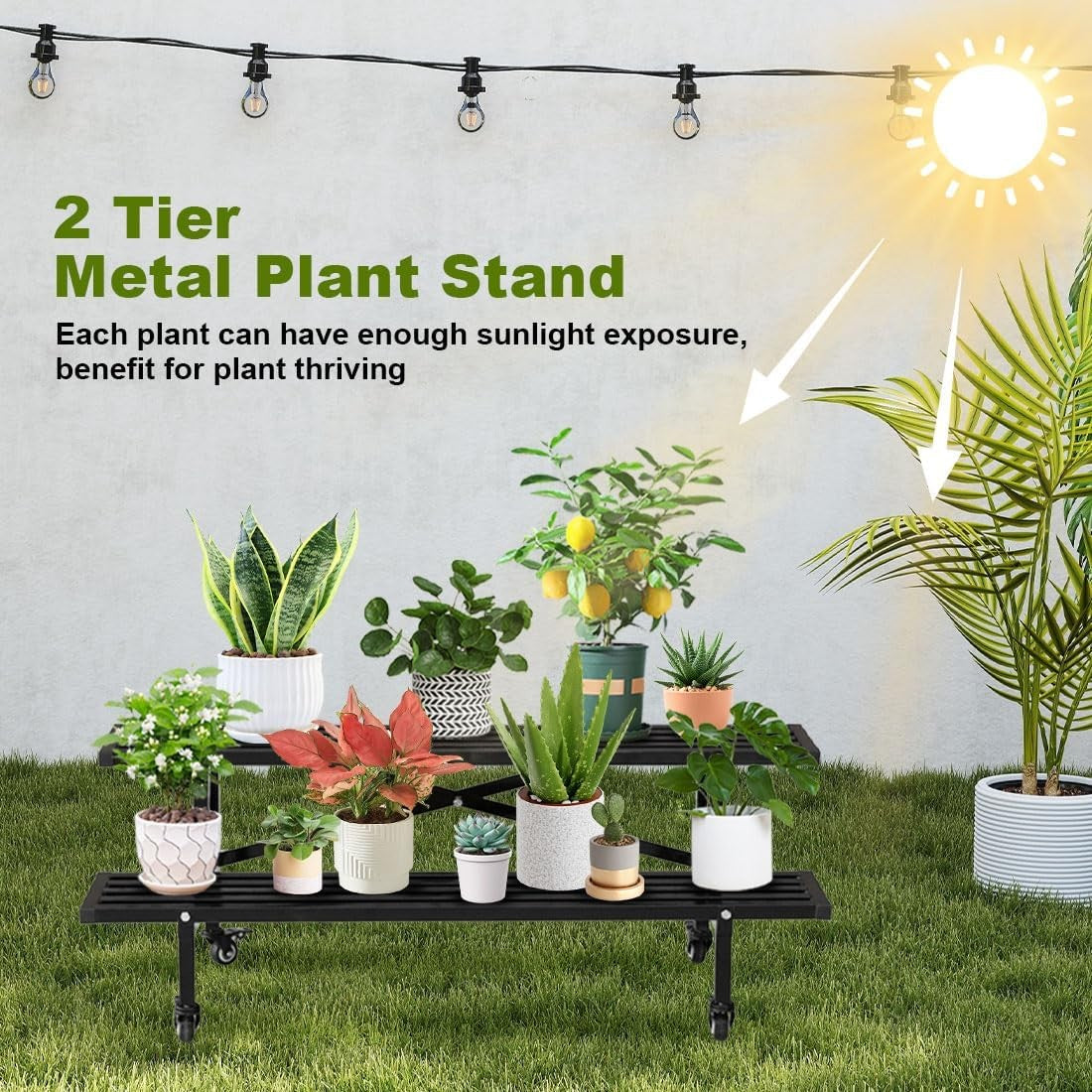 2 Tier Metal Plant Stand with Wheels | Indoor Outdoor Rolling Flower Shelf Rack