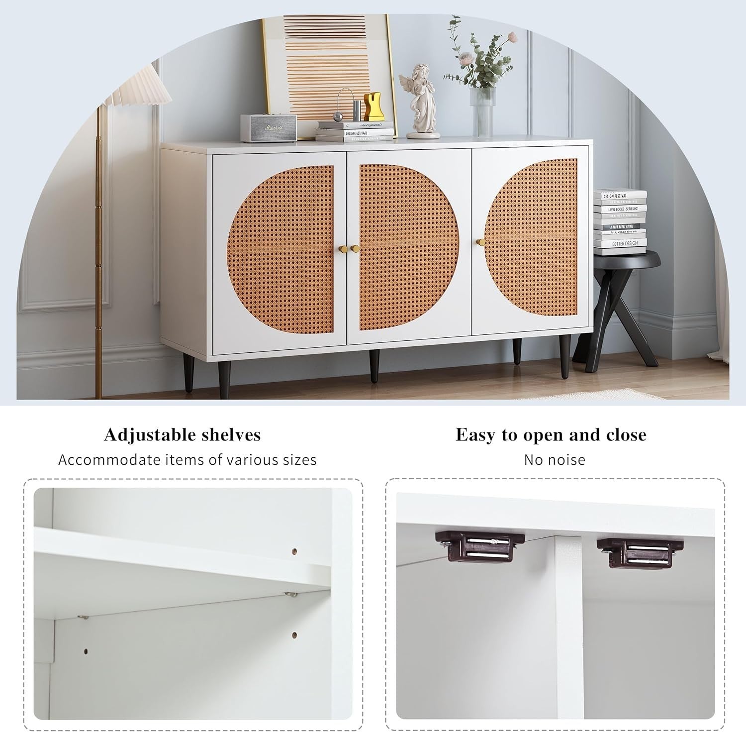 White Rattan Sideboard Cabinet Storage Unit with 3 Doors & Metal Legs