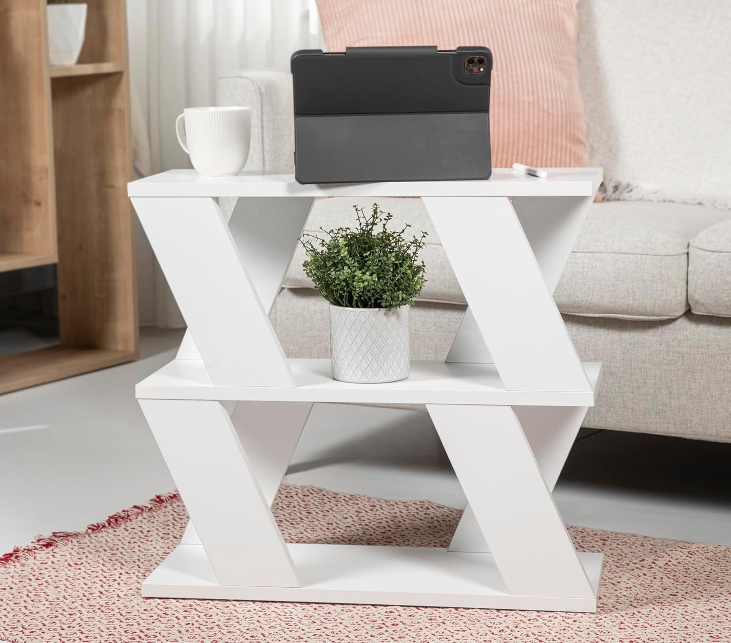 White Slim Side Table with Storage | 2 Tier Narrow Shelf Unit 60cm