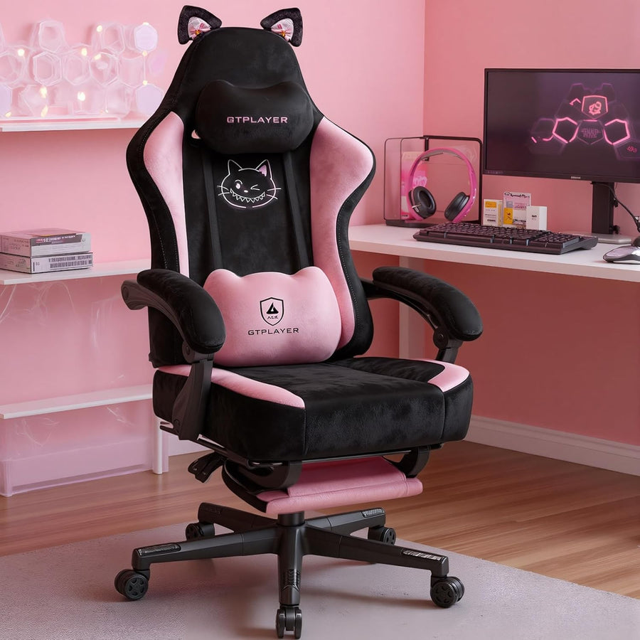 Reclining Gaming Chair w/ Footrest Cat Ears Fabric Pink
