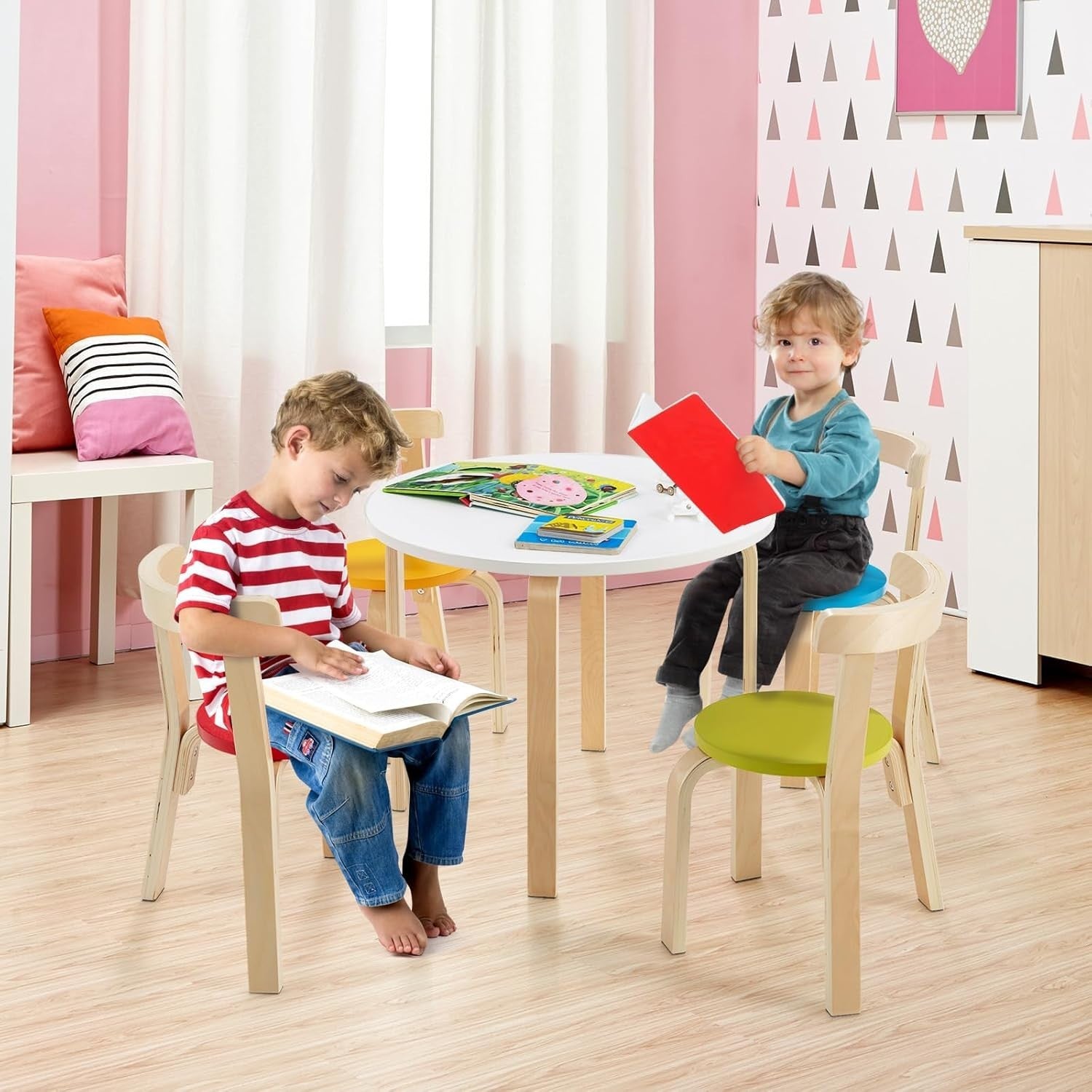 Kids Wooden Table & 4 Chairs Set Bright Colors Activity Desk for Playroom