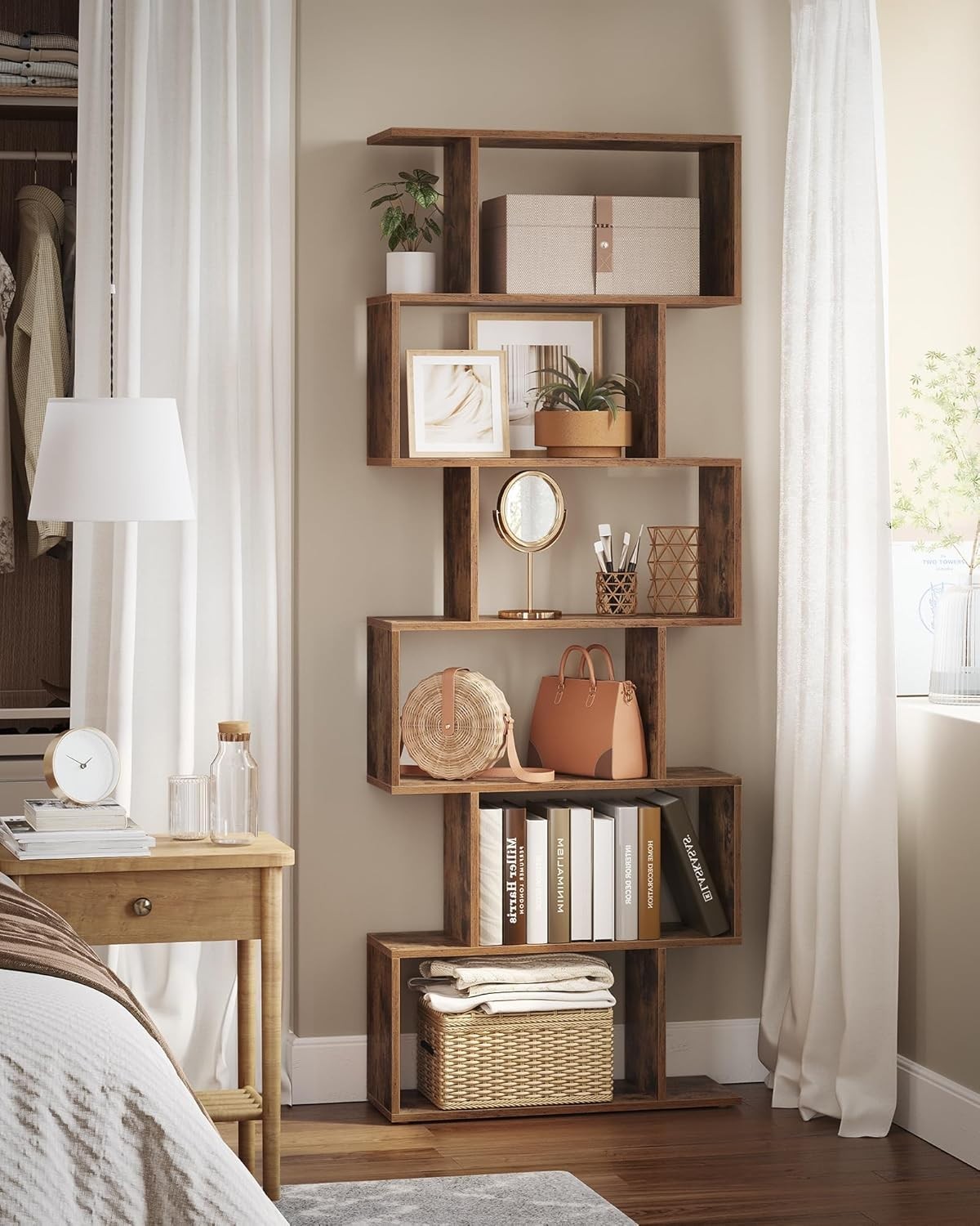 6 Tier Rustic Brown Bookcase S-Shaped Storage Shelf Room Divider 70x24x191cm