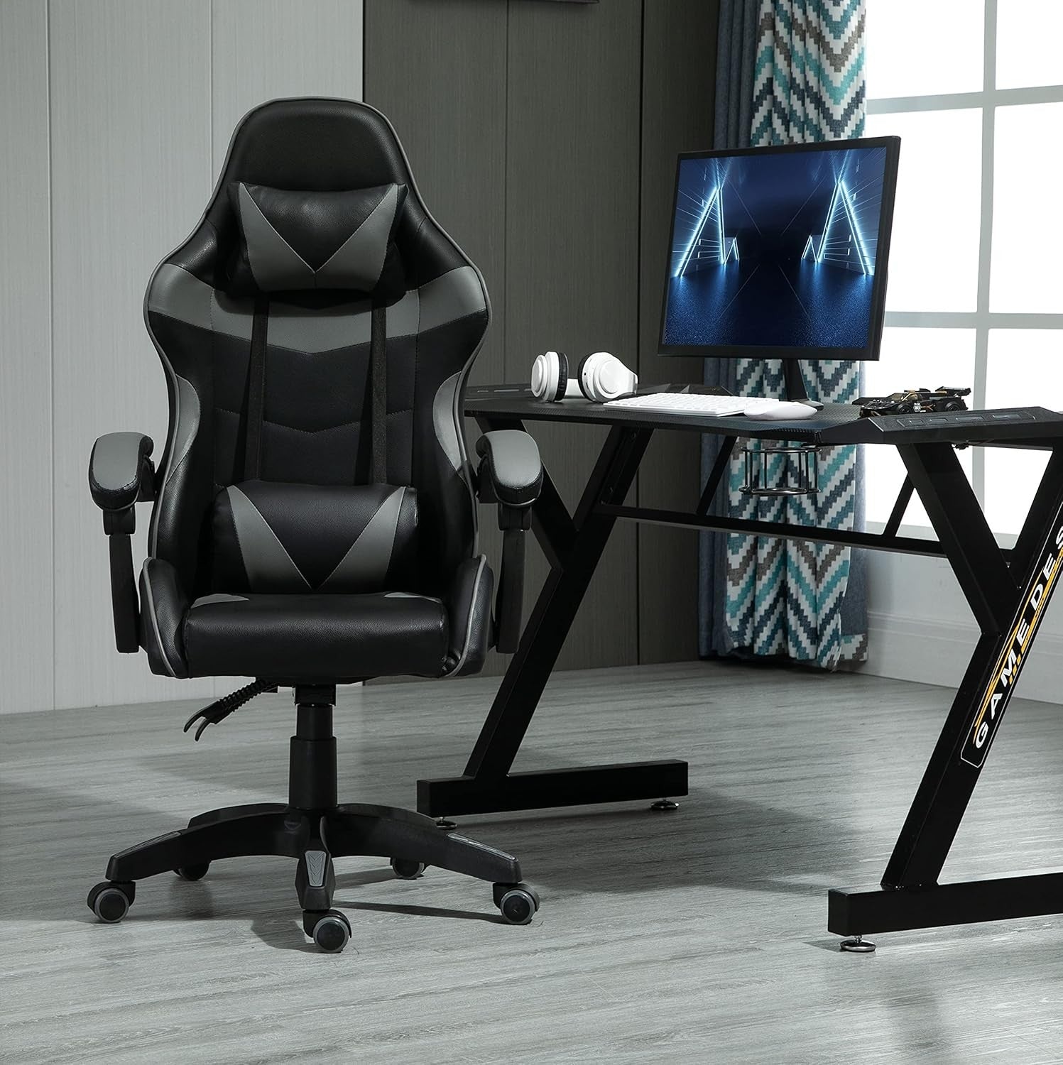 Reclining Gaming Chair Faux Leather Office Desk Chair w/ Lumbar Grey