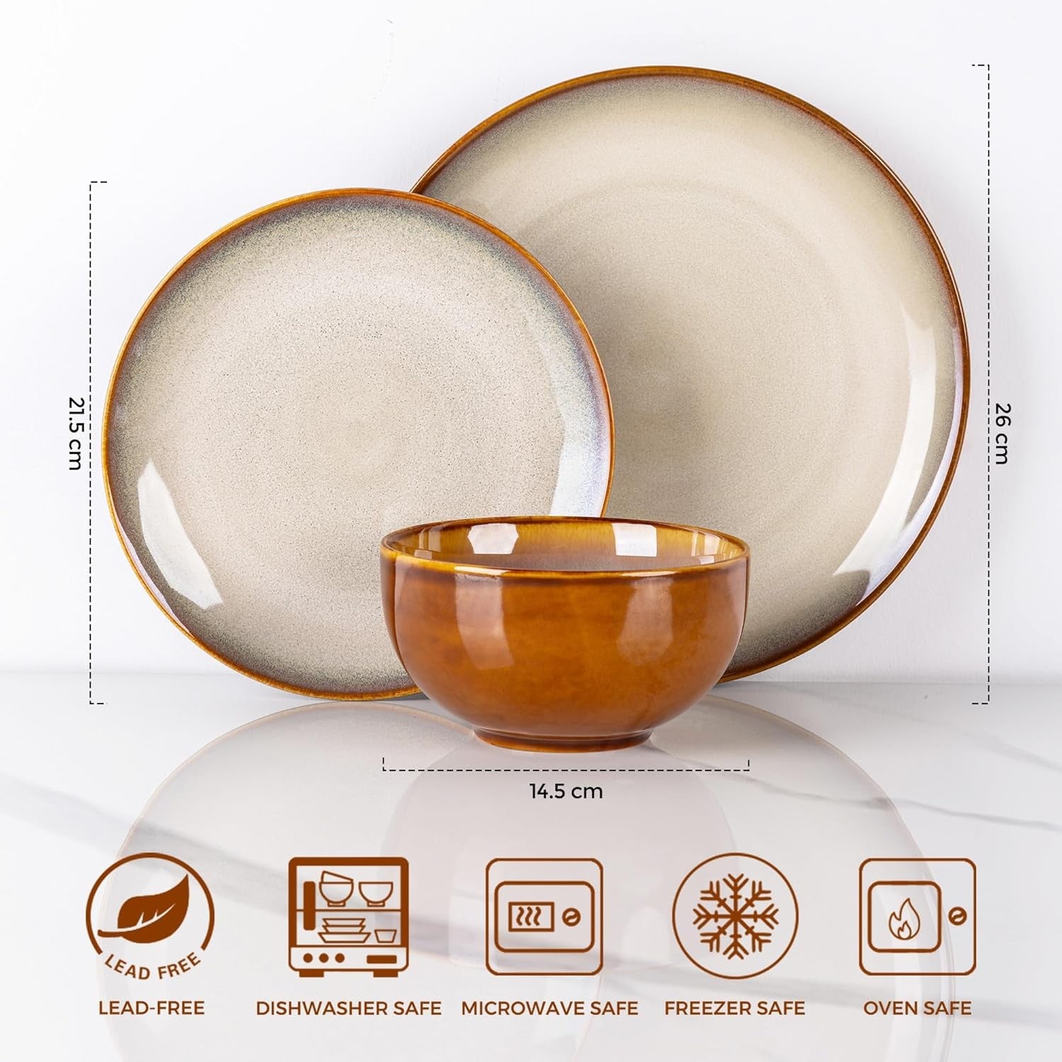 18 Piece Stoneware Dinner Set for 6 Cappuccino Reactive Glaze Plates Bowls