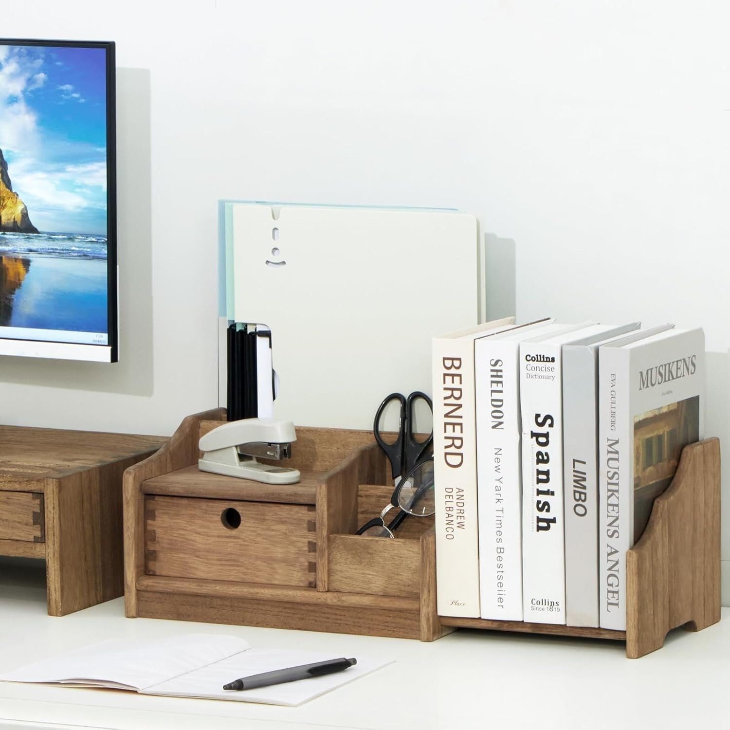 Wooden Desktop Organizer with Drawer Adjustable Shelf Solid Rack