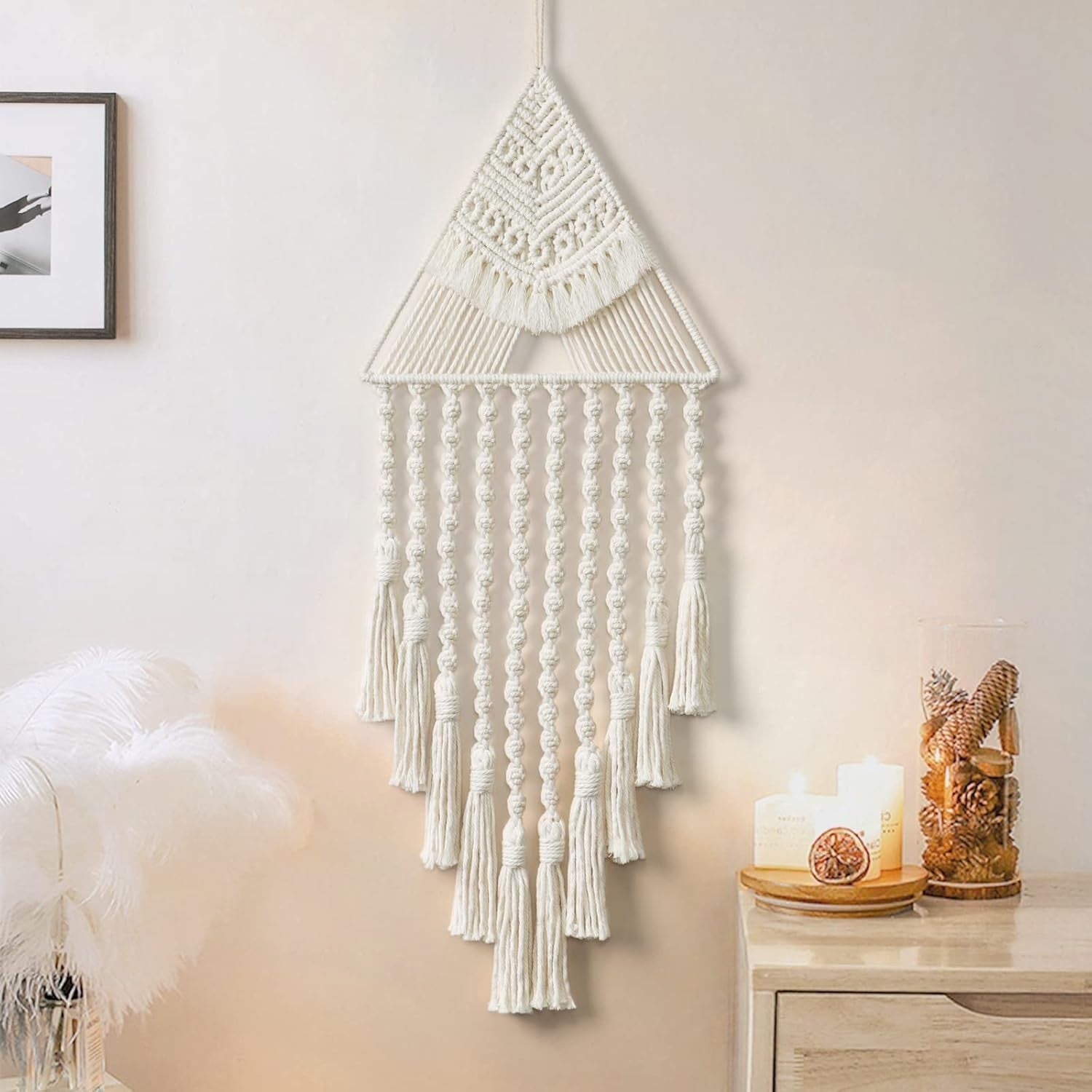 Beige Triangle Macrame Wall Hanging 27" Cotton Tassel Tapestry
