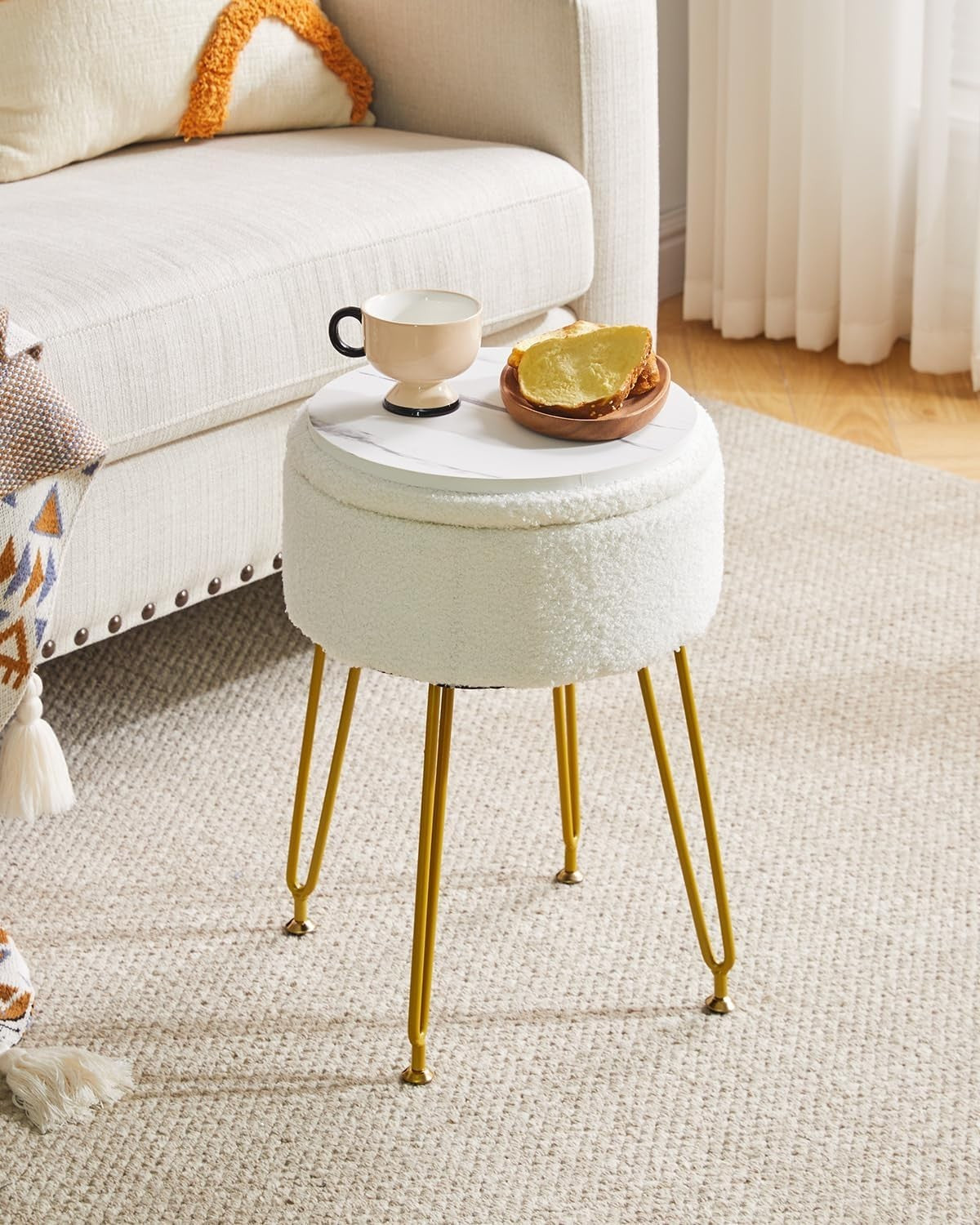 White Teddy Velvet Storage Footrest Stool – Vanity Seat w/ Golden Steel Legs