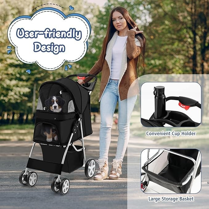 Pet Stroller Folding 4 Wheel Dog Cat Pushchair Travel Carrier with Safety Belt