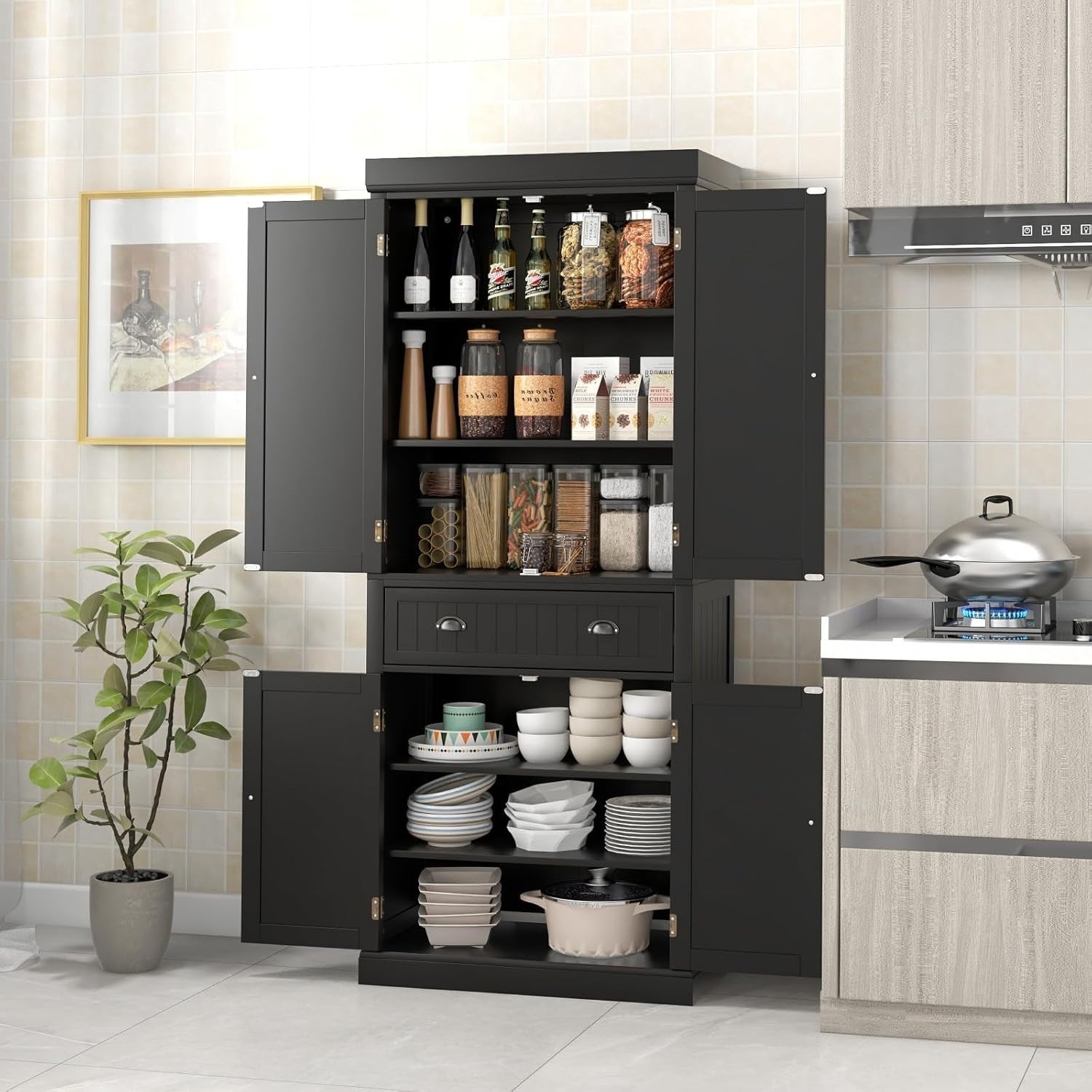 Black Tall Kitchen Cupboard 183cm Pantry Storage Cabinet Drawer Shelves