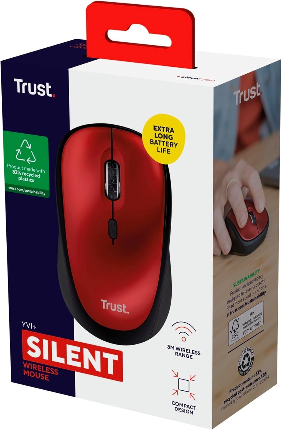 Red Silent Wireless Mouse 1600 DPI Compact USB Receiver Home Office Laptop