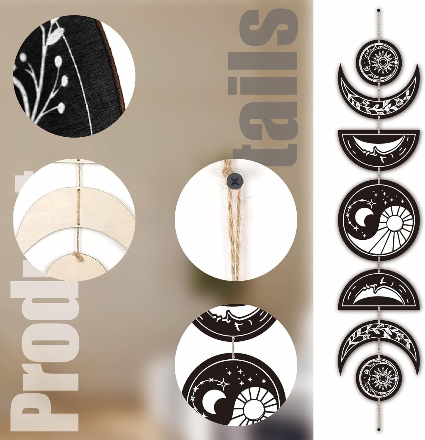 Moon Phase Wall Decor Wooden Boho 7-Piece Yin Yang Art