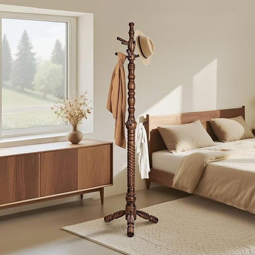 Wooden Coat Rack 188cm Tree Stand with 11 Hooks Heavy Duty Freestanding