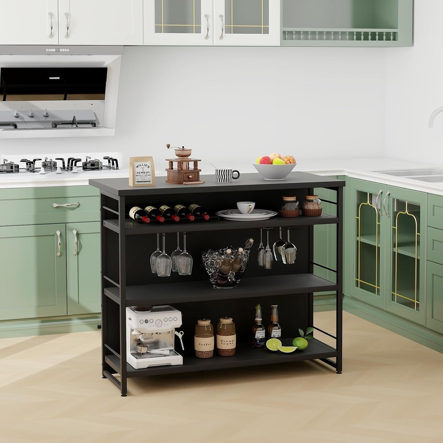 Industrial Kitchen Island Bar Table with Wine Rack, Shelves & Glass Holder