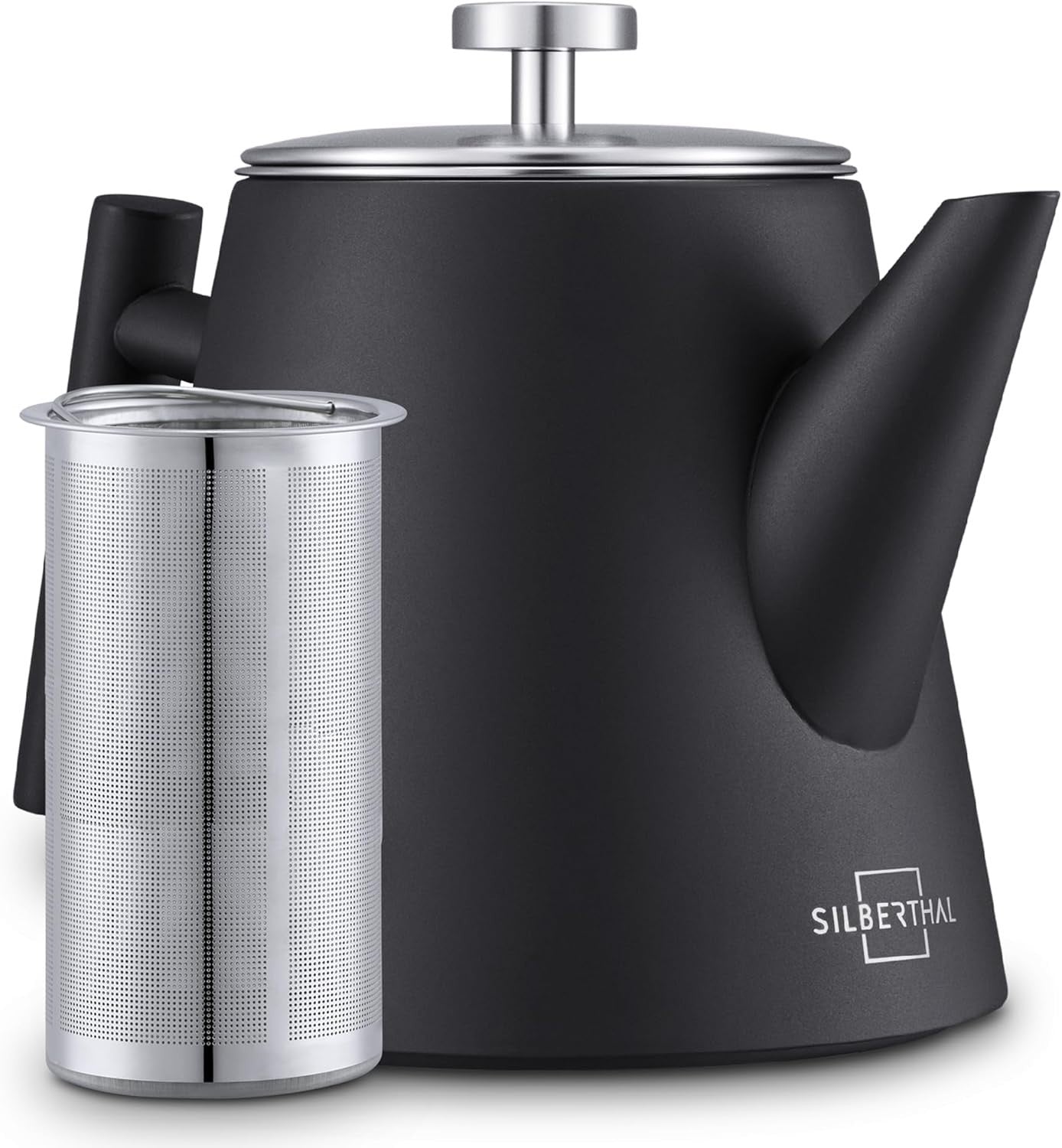 Black Stainless Steel Teapot 1L Double Wall Insulated w/ Tea Strainer