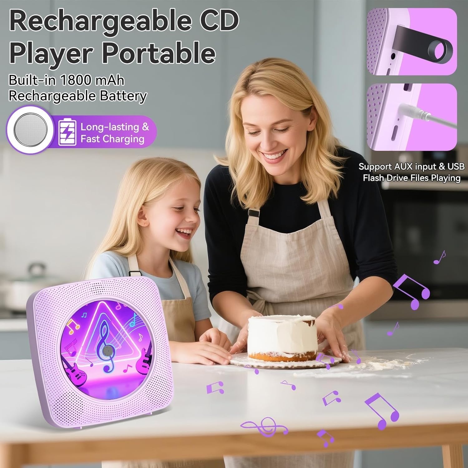 Portable CD Player Bluetooth Speakers FM Radio USB AUX Remote Purple