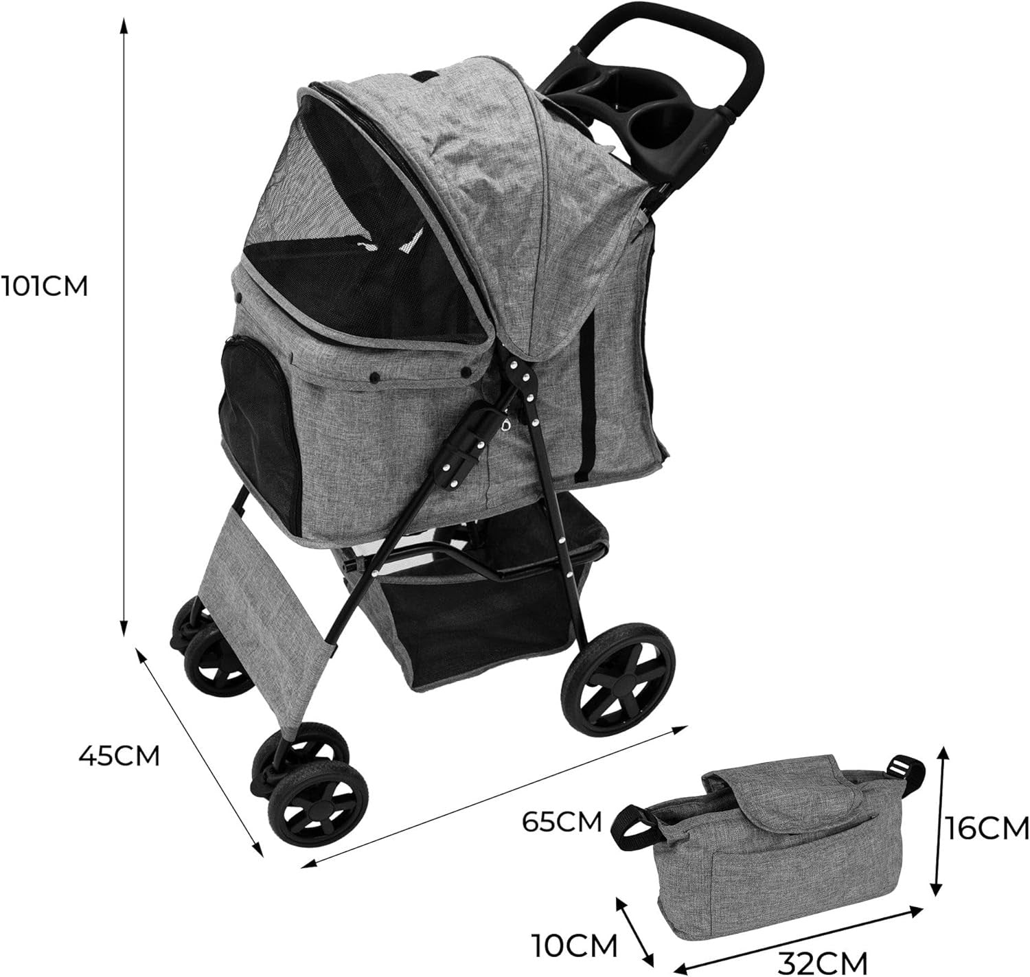 Woven Grey Pet Stroller Pushchair with Detachable Caddy Bag 15kg Foldable