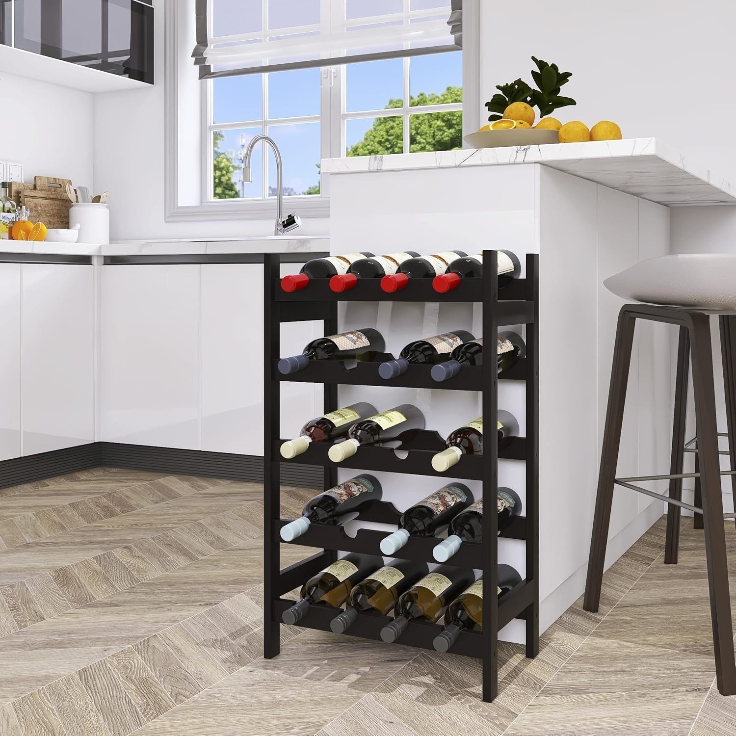 5 Tier Wooden Wine Rack 20 Bottle Storage Stand Free Standing Black Kitchen Bar