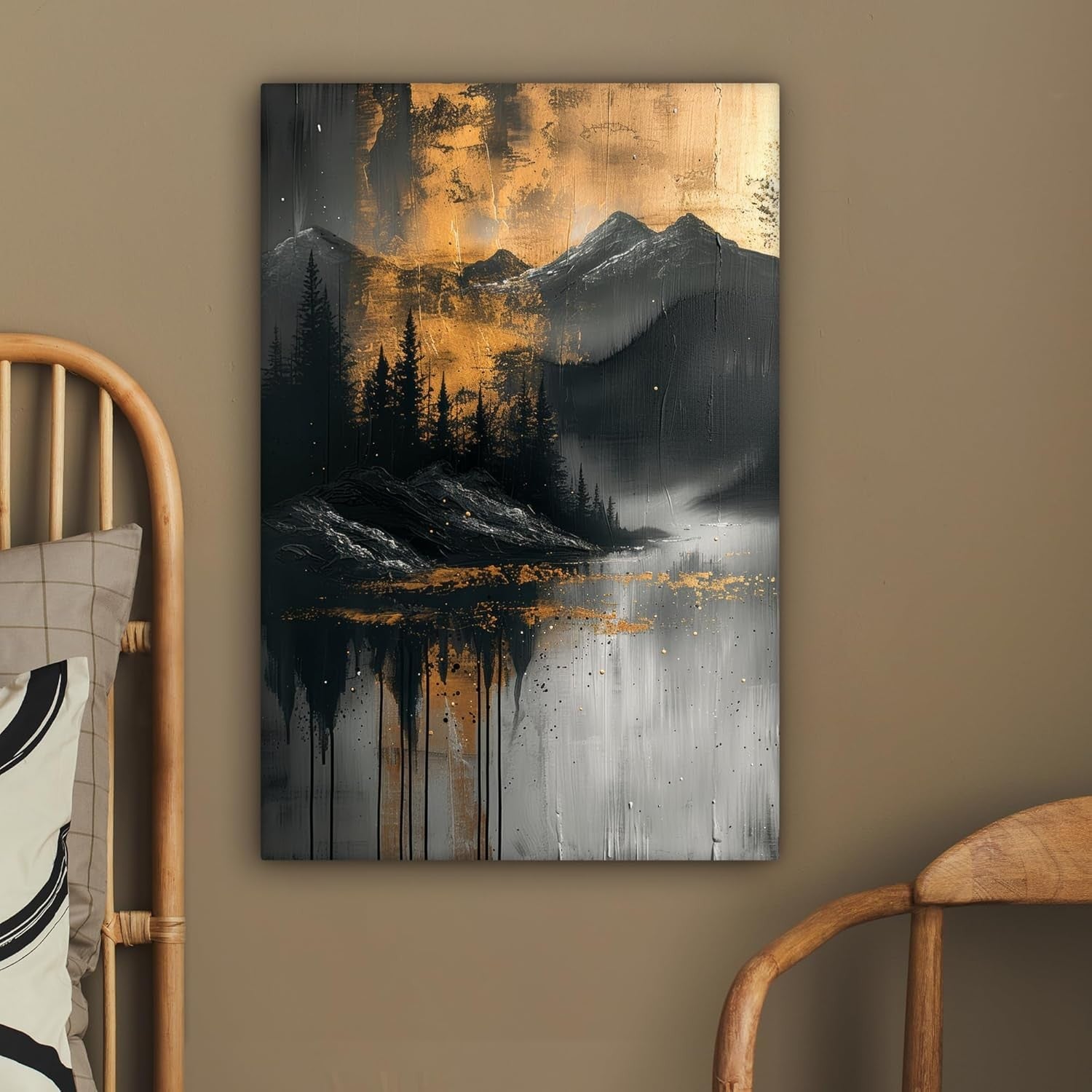 Forest Mountain Canvas Wall Art 40x60cm Gold Black Framed Modern