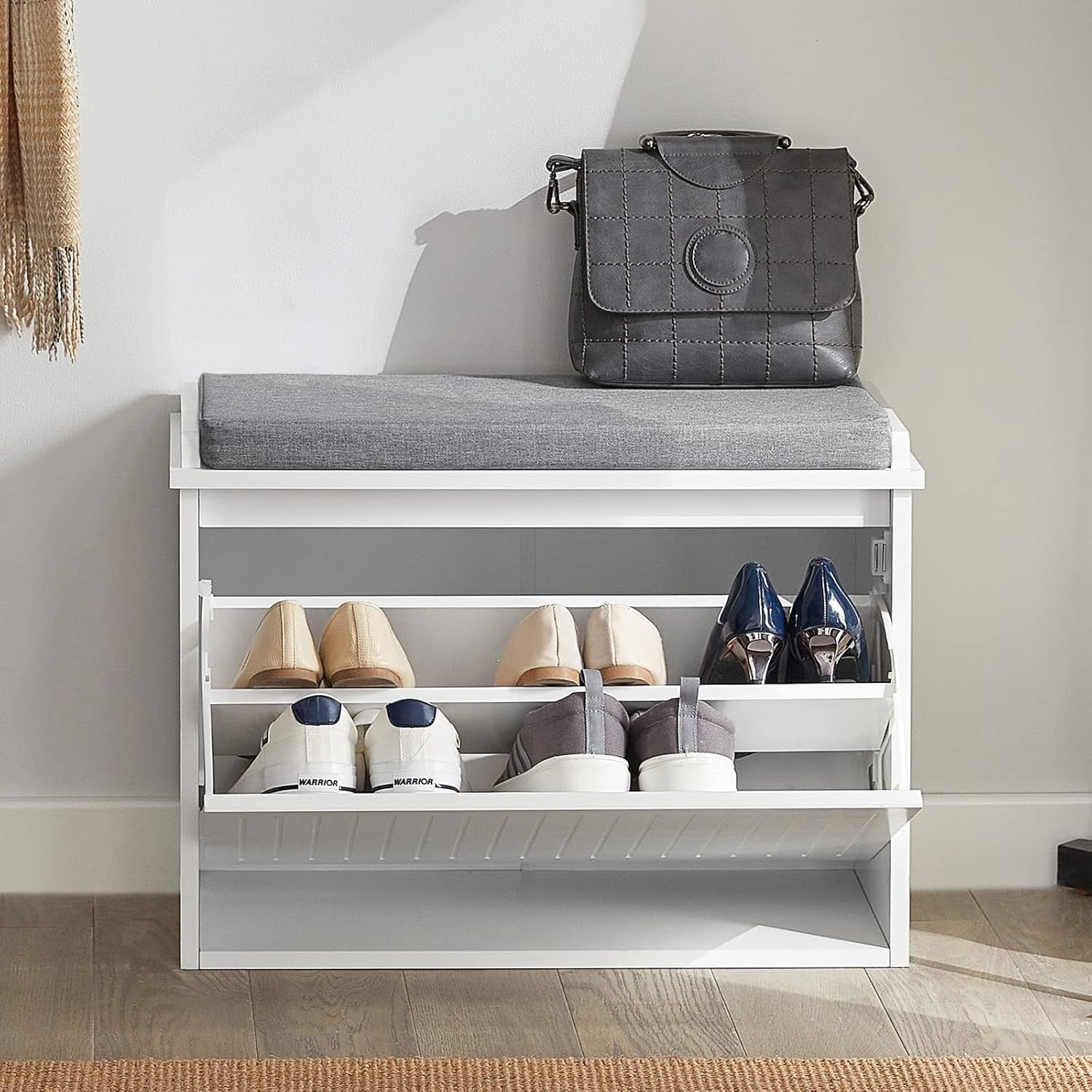 White Shoe Bench with Cushion – Flip Drawer Storage Seat 62cm Hallway