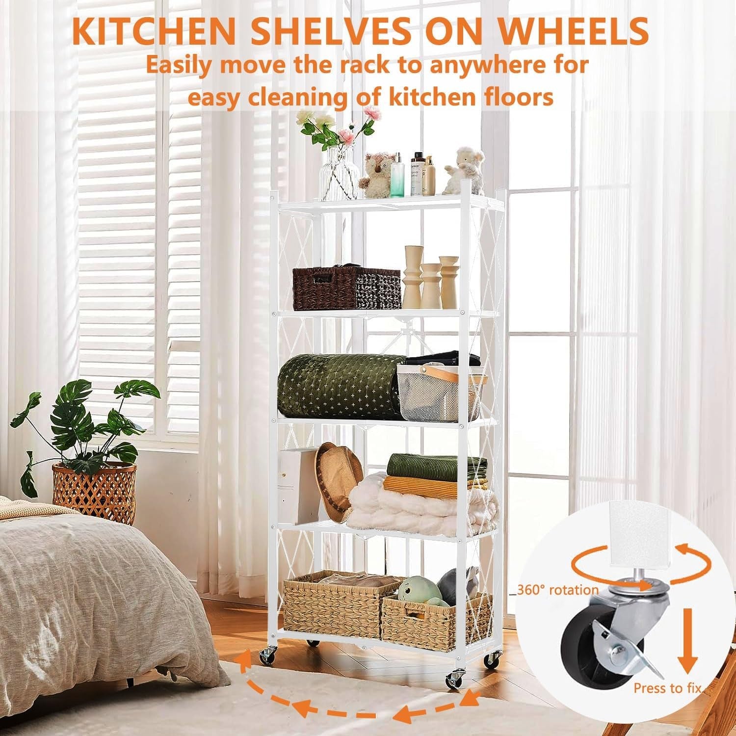 5 Tier Kitchen Storage Rack on Wheels Folding Rolling Pantry Shelf Unit
