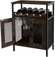 Industrial Wine Bar Cabinet Sideboard with Wine Rack & Glass Holder Rustic Brown