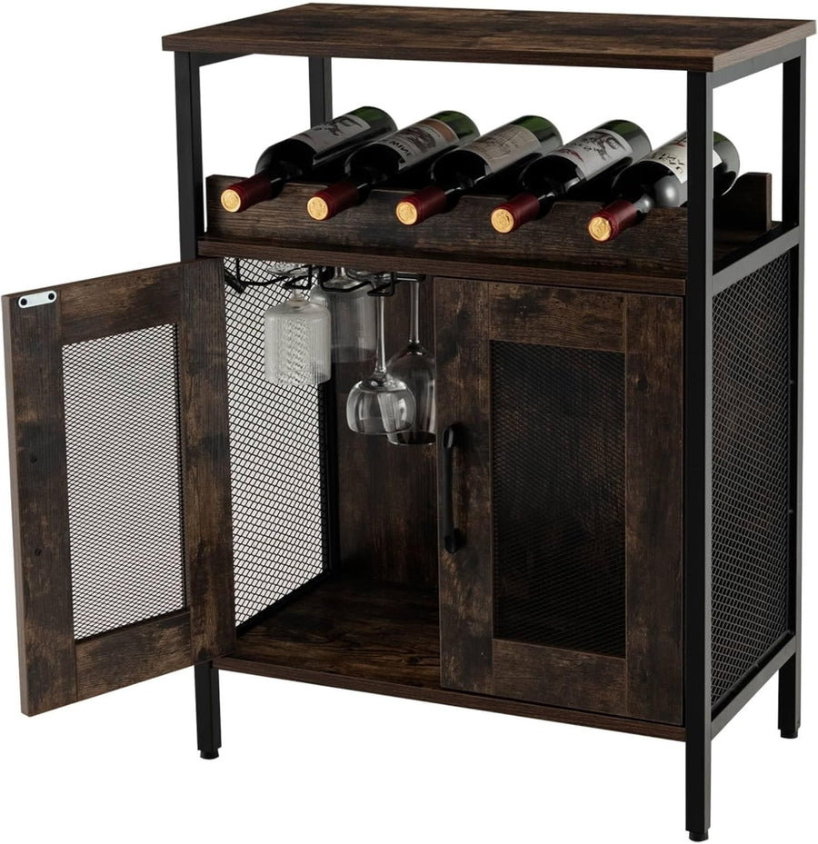Industrial Wine Bar Cabinet Sideboard with Wine Rack & Glass Holder Rustic Brown