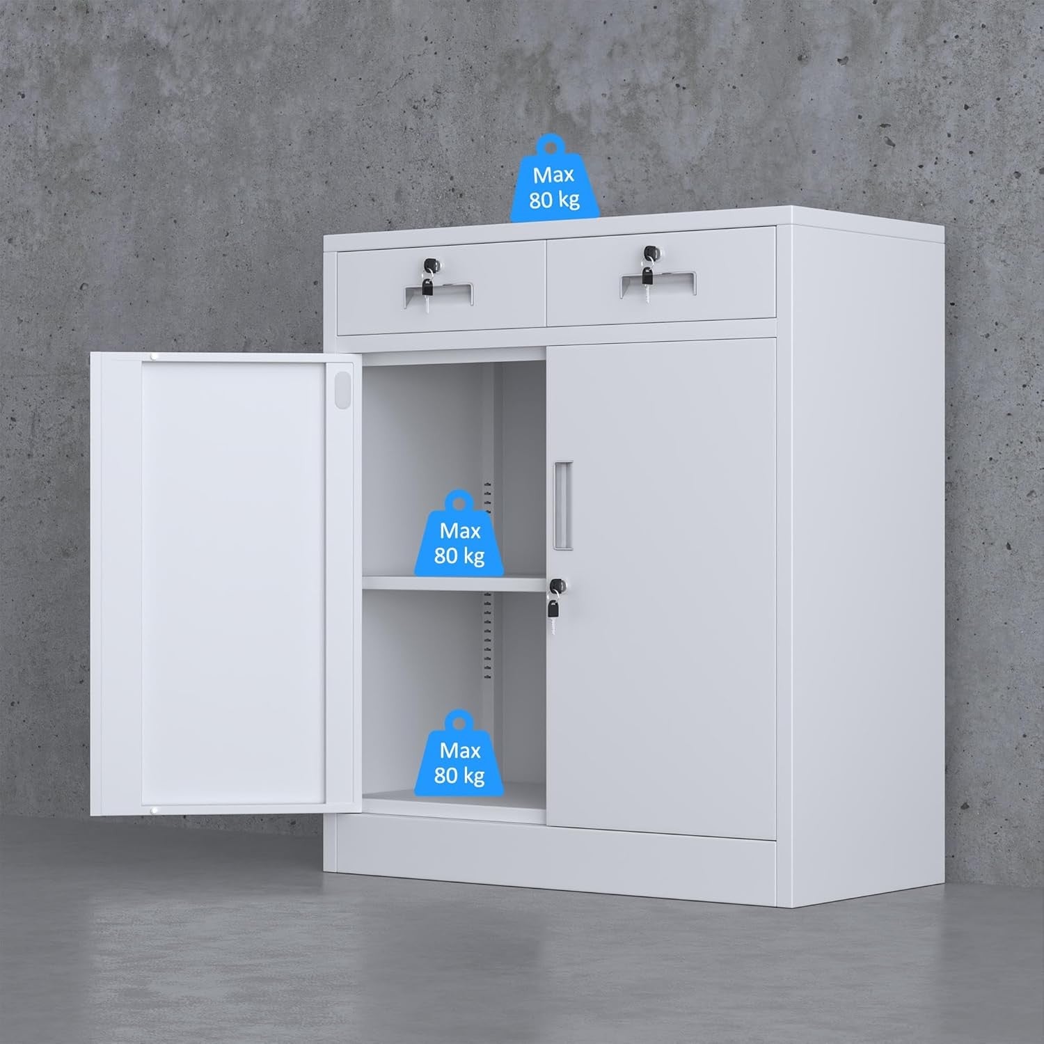 Lockable Metal Storage Cabinet White 2 Door Cupboard 2 Drawers Adjustable Shelf