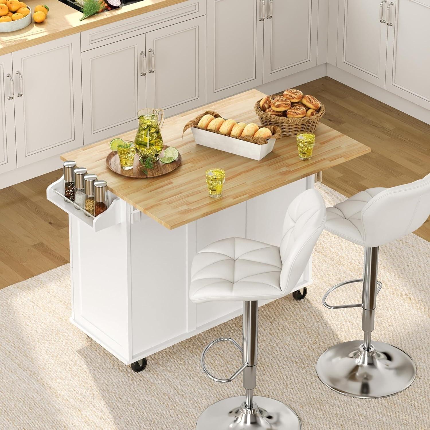 Kitchen Island Cart Drop-Leaf Bar Table Storage Cabinet Drawers on Wheels White