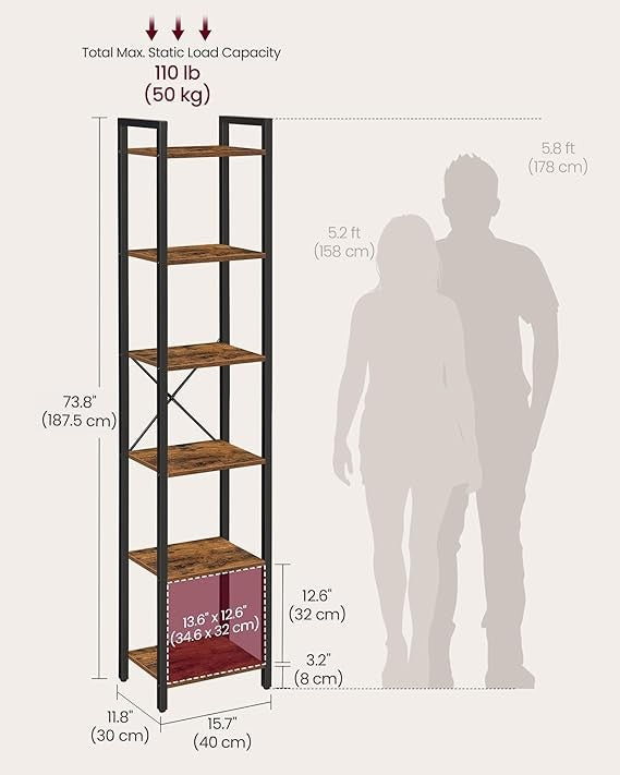 6-Tier Tall Industrial Bookshelf Slim Rustic Brown Metal Storage Rack