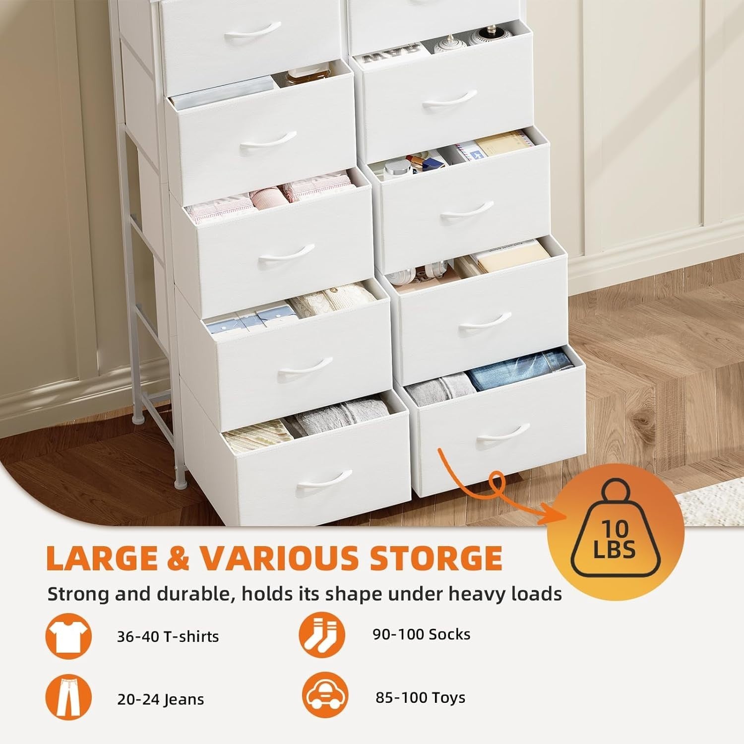 White Tall 10 Drawer Fabric Dresser Storage Unit Wardrobe Bedroom Cabinet