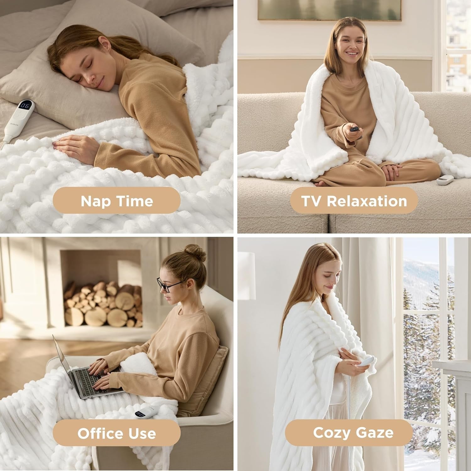 Cream Striped Electric Heated Throw Blanket 6 Heat Timer Fast Warm 160x130cm