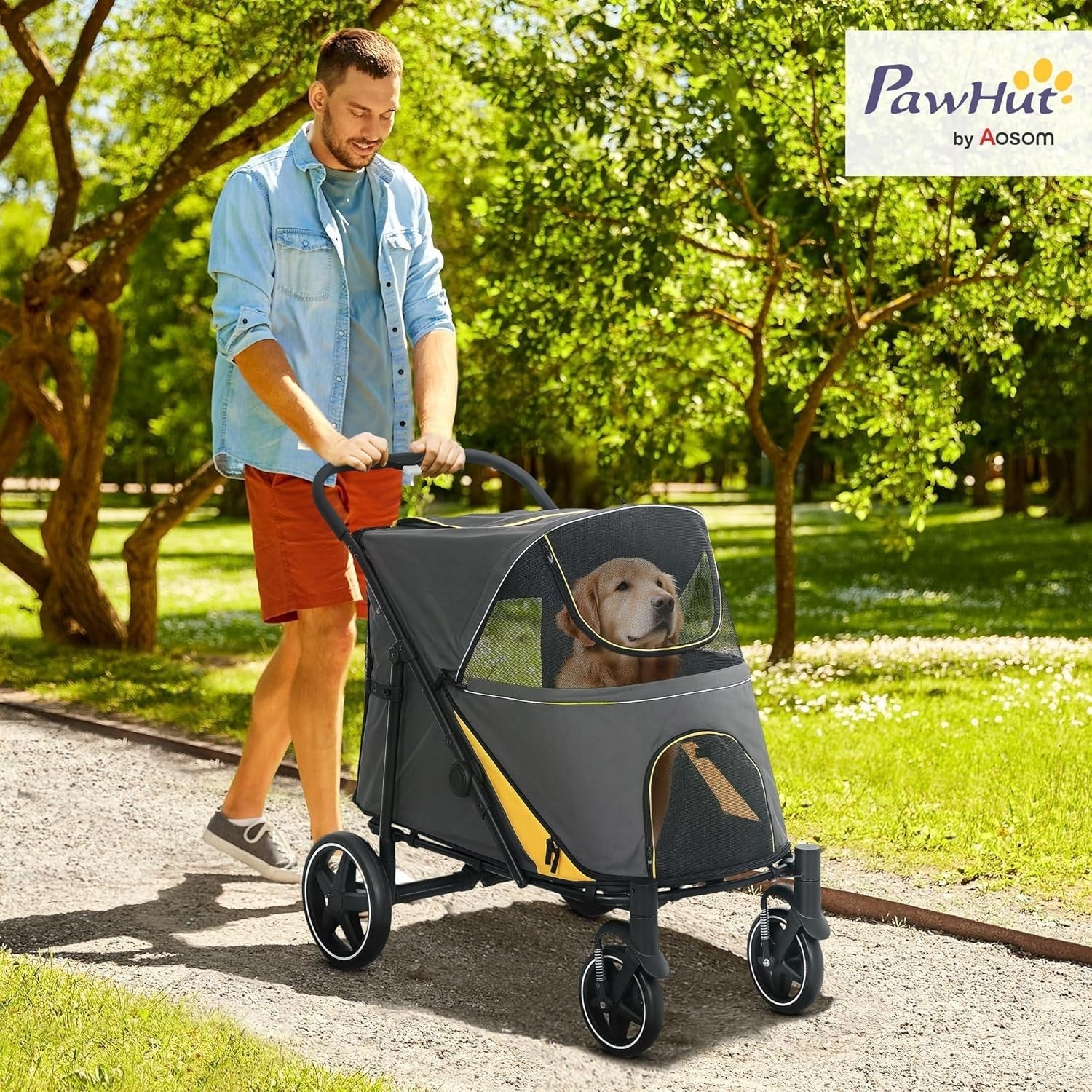 Large Dog Stroller Foldable Pet Pushchair Buggy 30kg Dark Grey