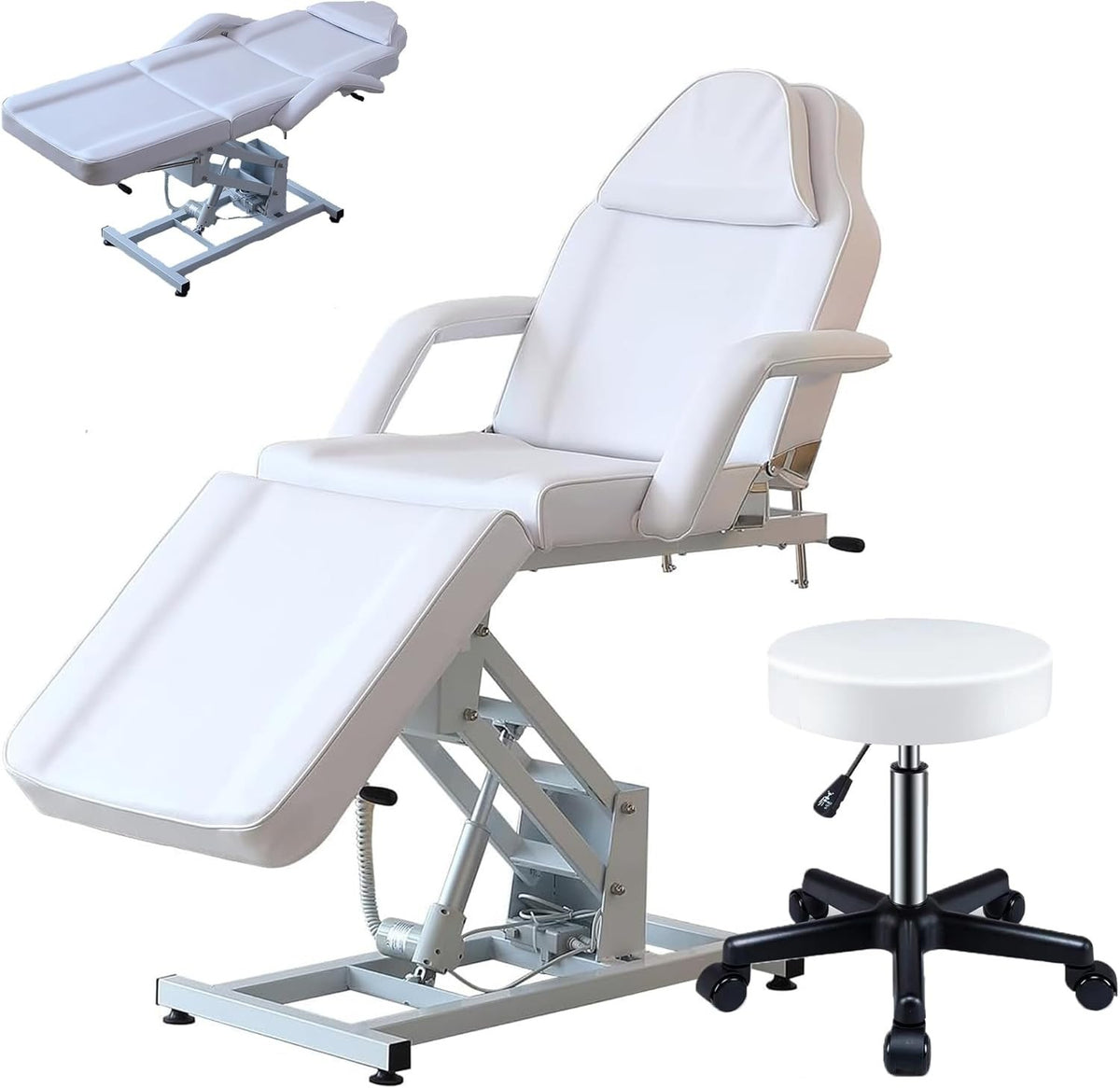 Electric 3-Section Beauty Massage Bed w/ Head Cushion & Swivel Stool White