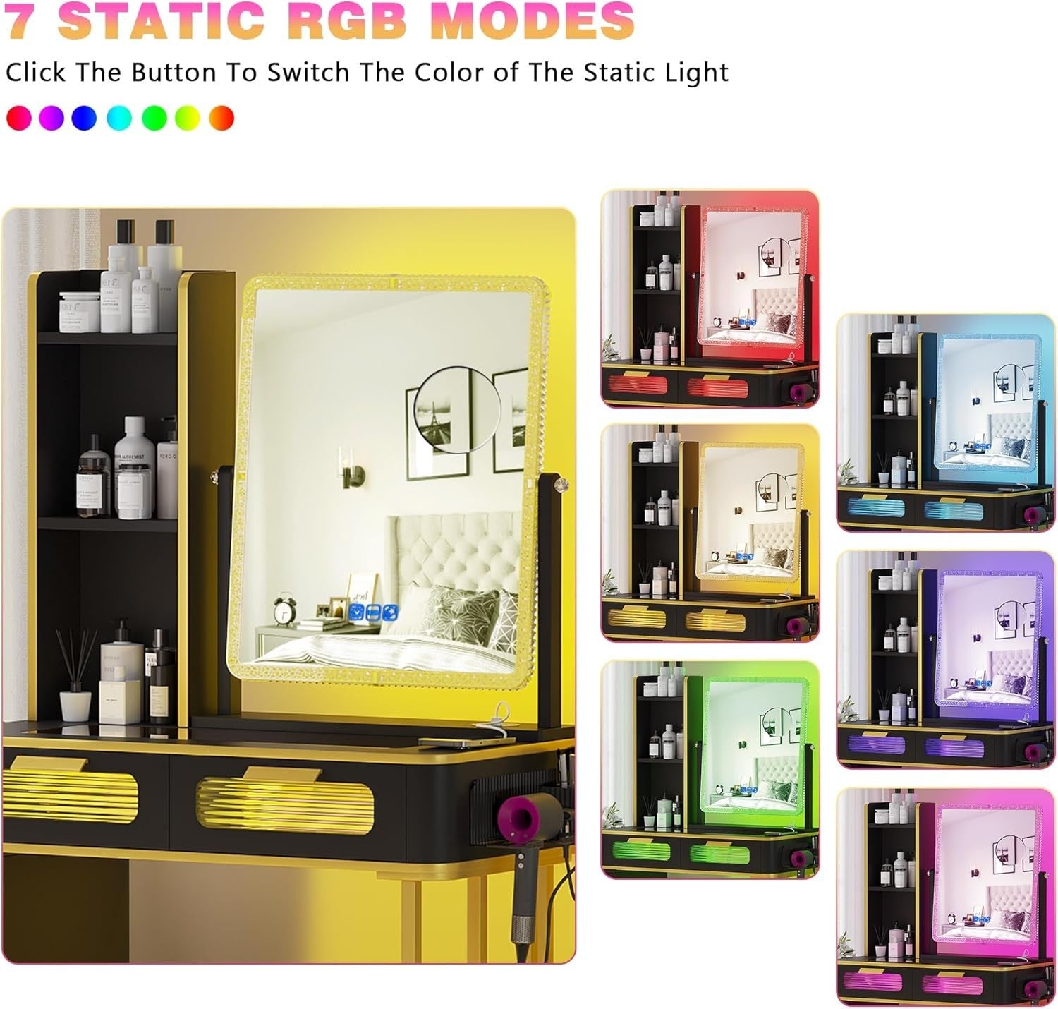 Black Vanity Dressing Table RGB Auto Sensor LED Light Wireless Charging 6 Drawer