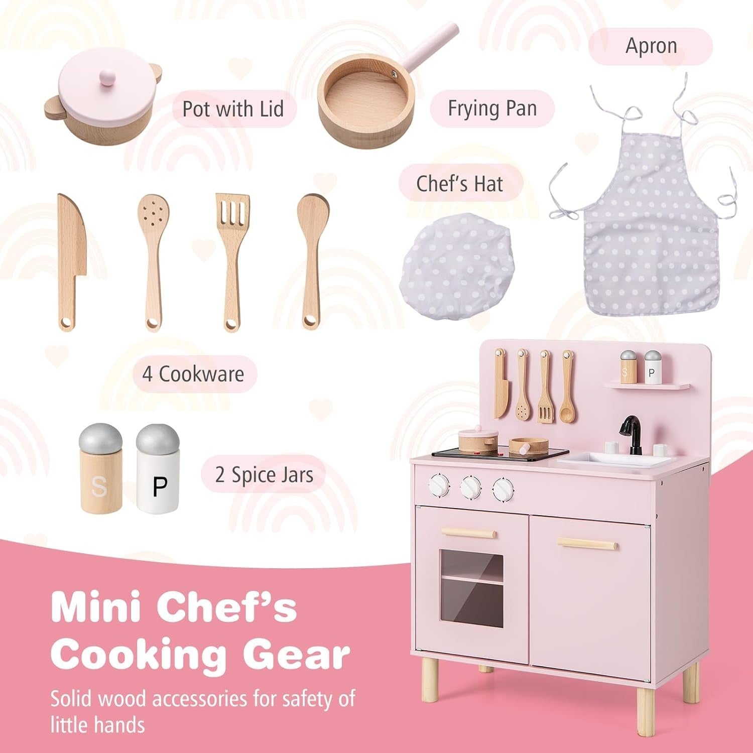 Wooden Kids Play Kitchen Pink Lights Sounds Oven Chef Toy Set