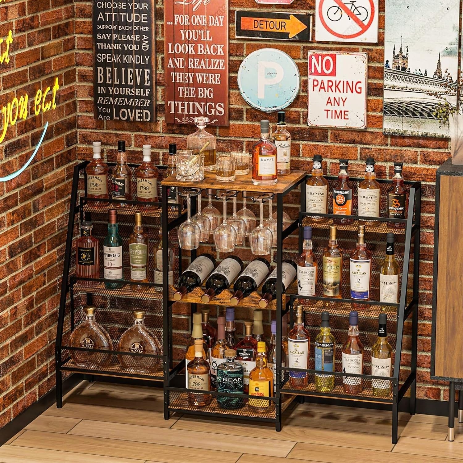 Freestanding Bar Stand with Glass Holder, 6-Tier Liquor Display Shelf Vintage
