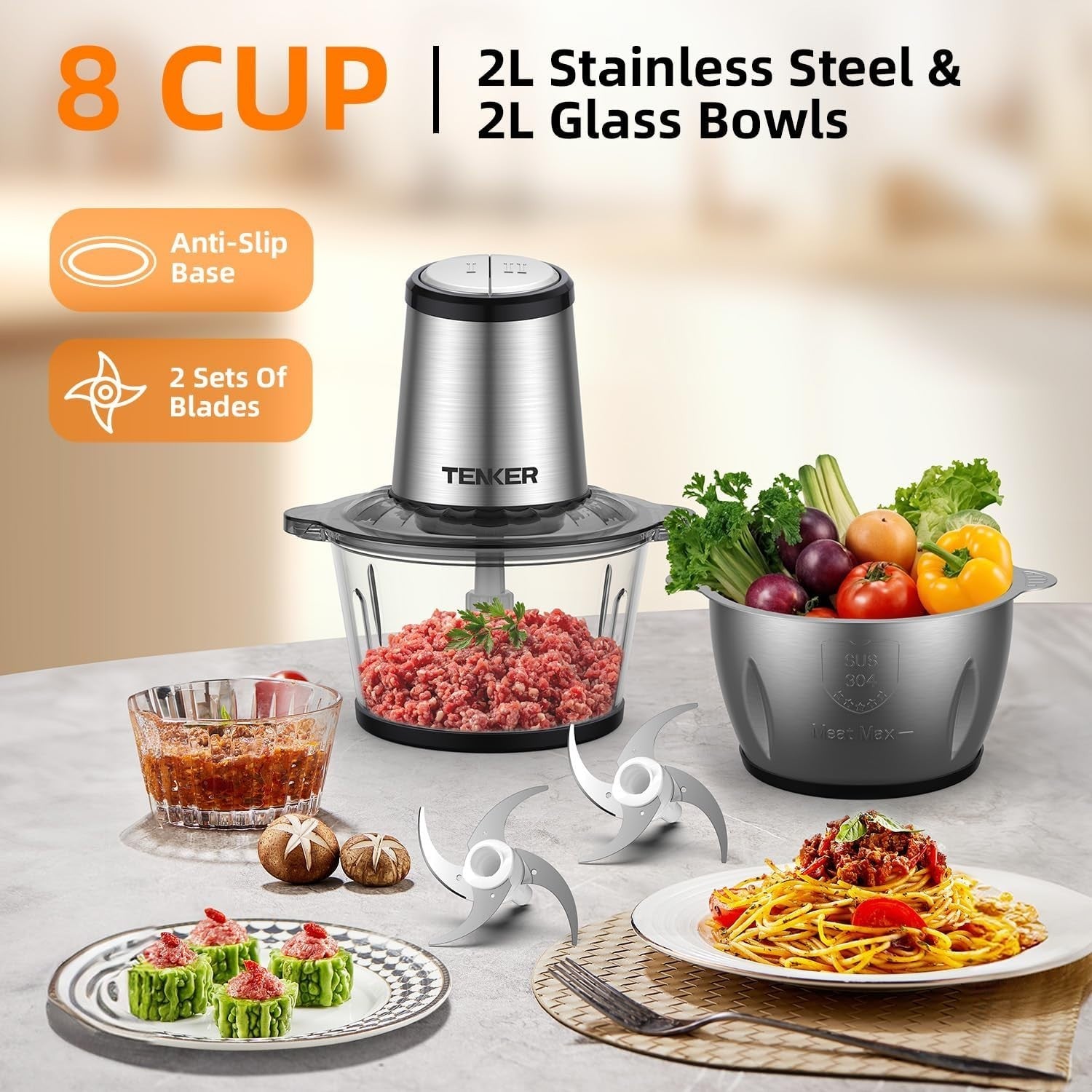 500W Food Processor Meat Grinder Chopper 2x2L Bowls 2 Speed Black
