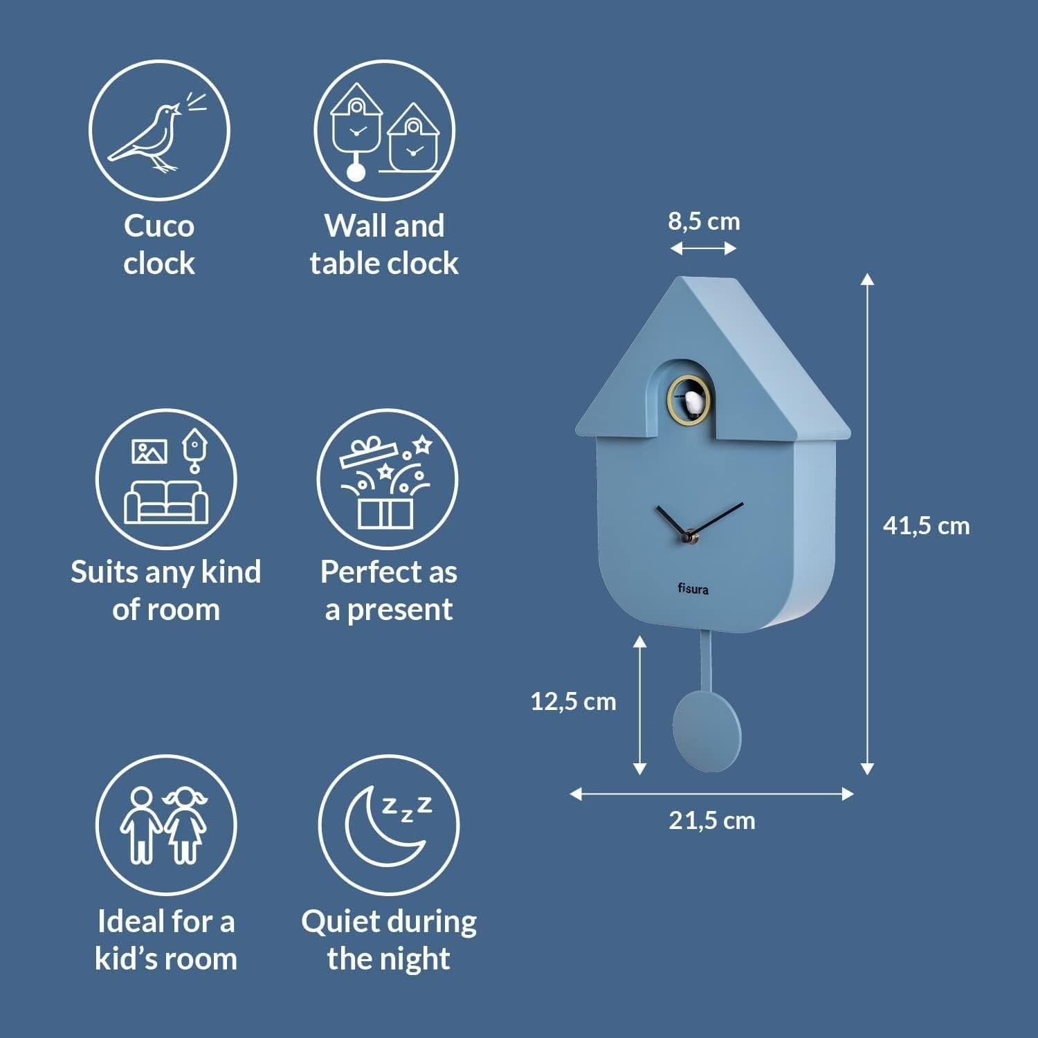 Modern Blue Cuckoo Wall Clock Bird Sound ABS Plastic Silent Pendulum Decor