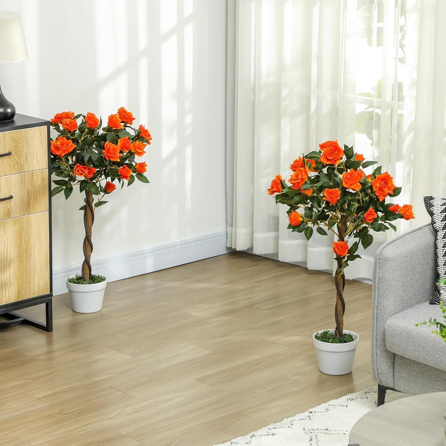 Set of 2 Artificial Rose Trees 90cm Orange Faux Flower Plants Home Garden Decor