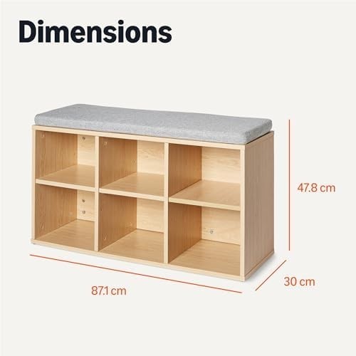 Oak Shoe Storage Bench, Cushion Seat 6 Compartment Adjustable Shelves 87x30x48cm