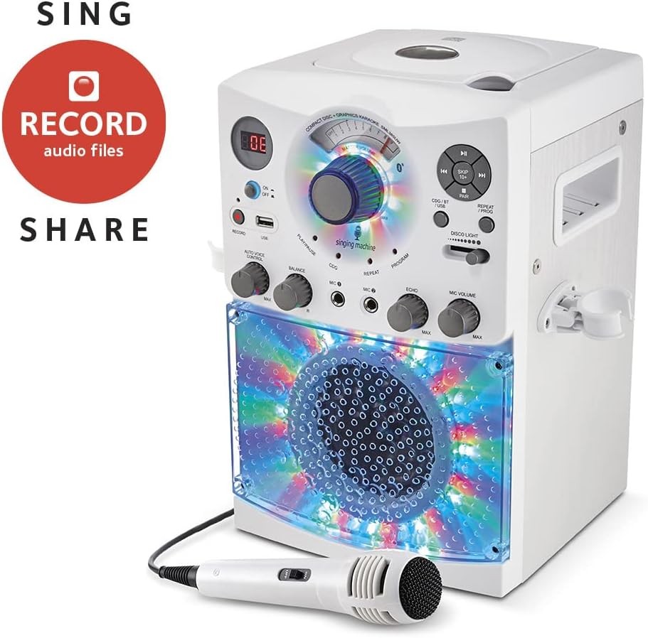 Bluetooth Karaoke Machine CD+G USB LED Lights Mic White