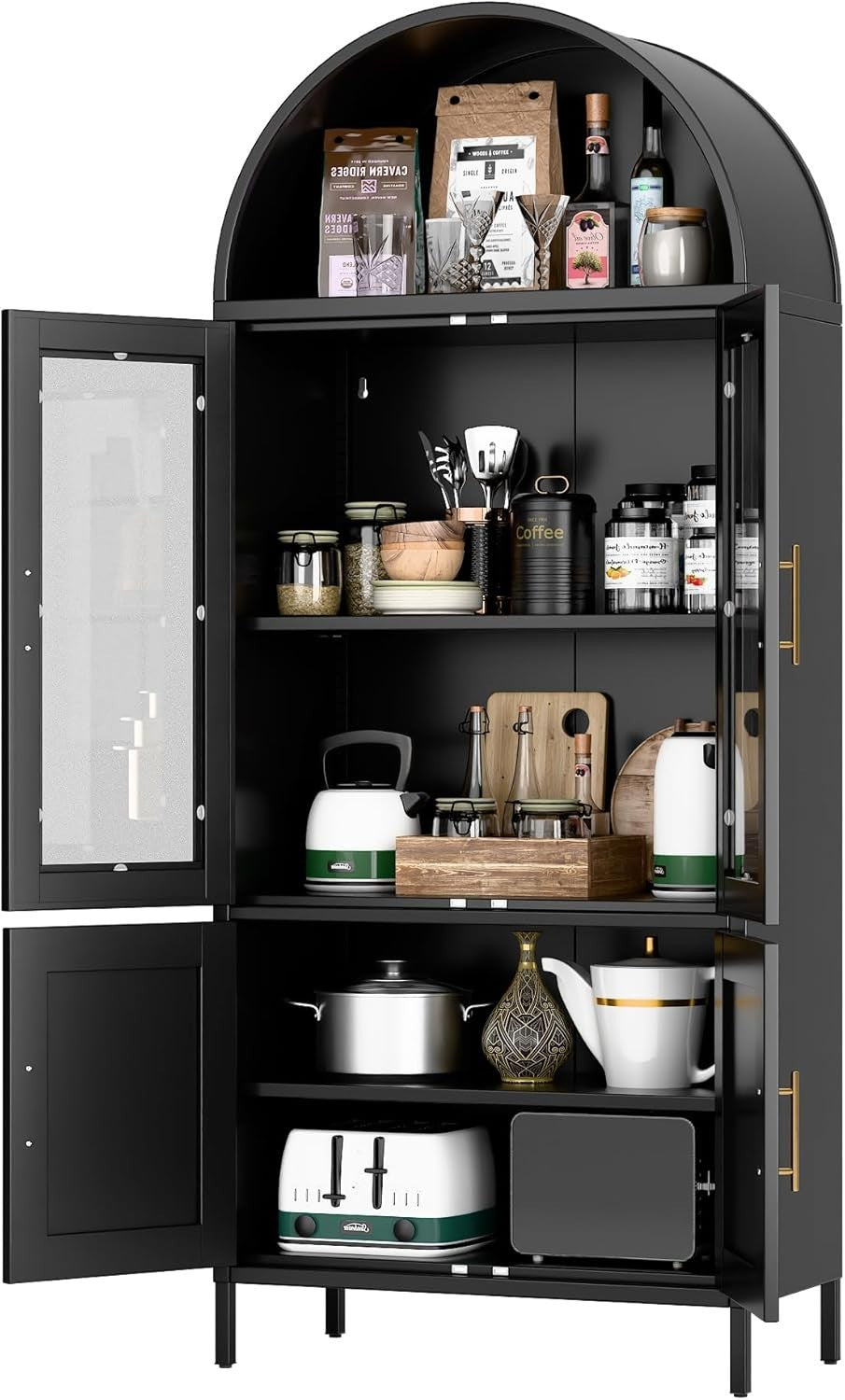 Tall Black Metal Kitchen Cabinet Glass Doors Storage Unit Pantry Cupboard