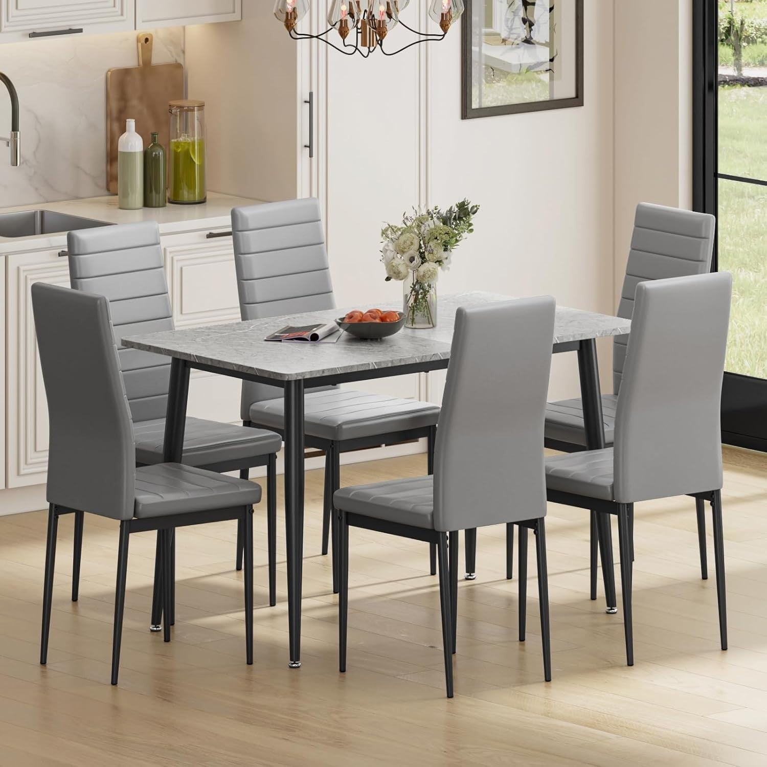 6 Seater Marble Effect Dining Table Set Faux Leather Chairs Modern