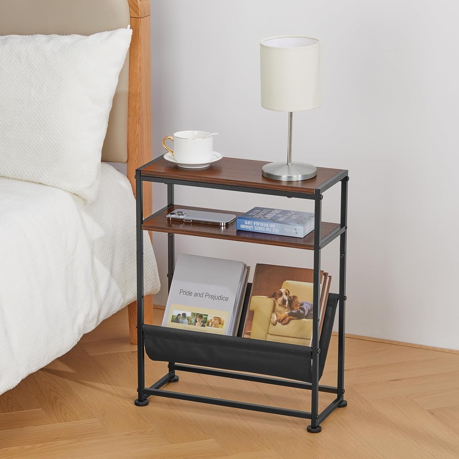 Slim Side Table for Small Spaces – Narrow End Table with Storage & Magazine Rack