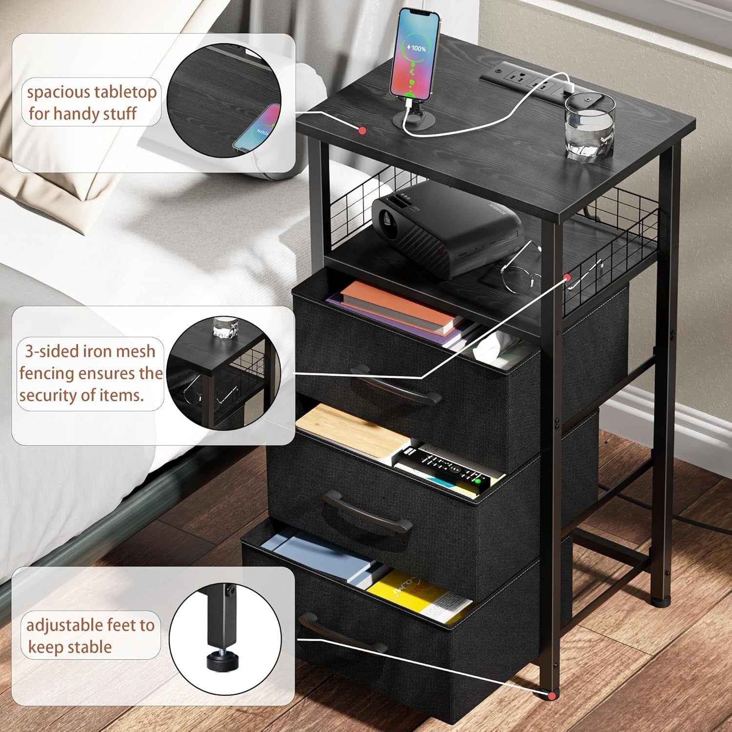 Set of 2 Black LED Bedside Tables with 3 Drawers, USB Ports & Power Outlets