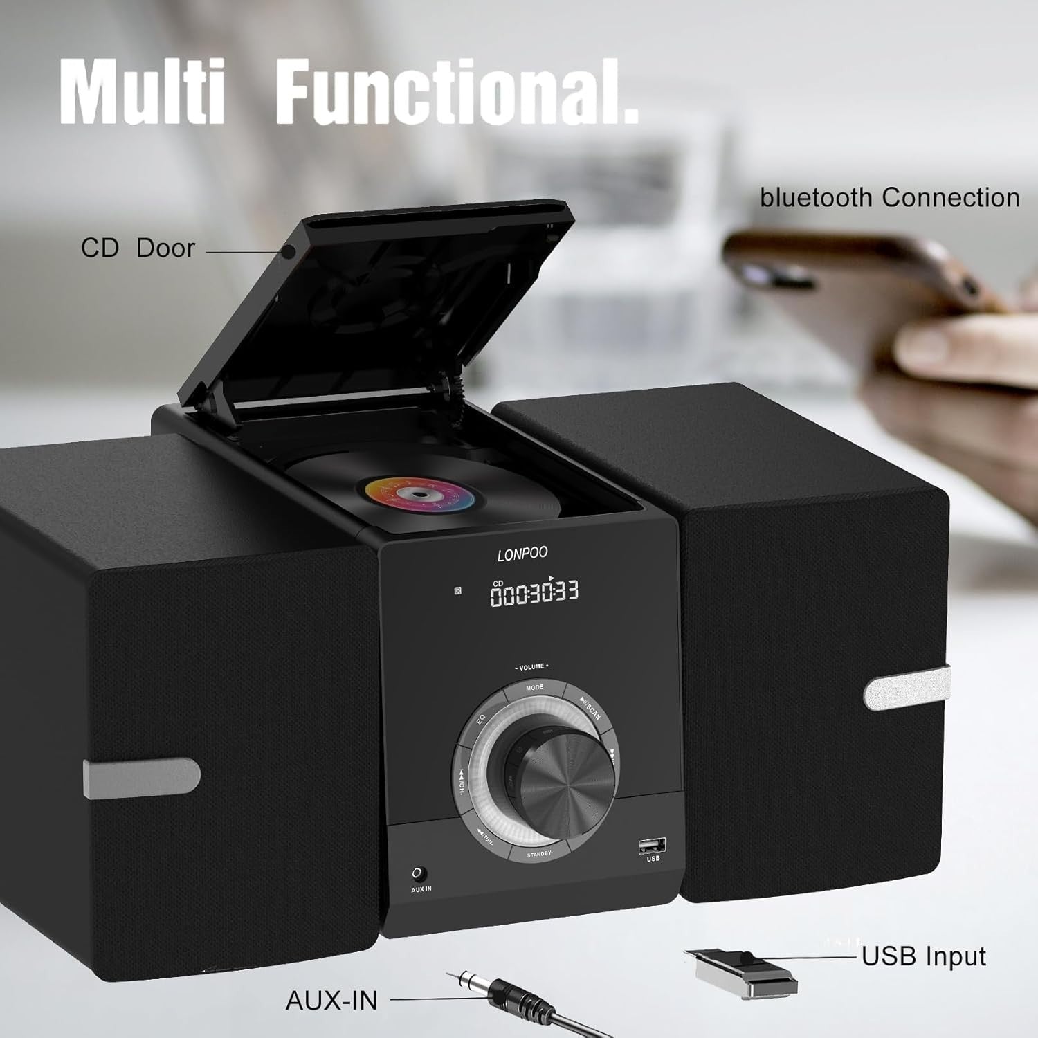 Compact HiFi Stereo System Bluetooth CD Player FM Radio USB AUX 40W Speakers