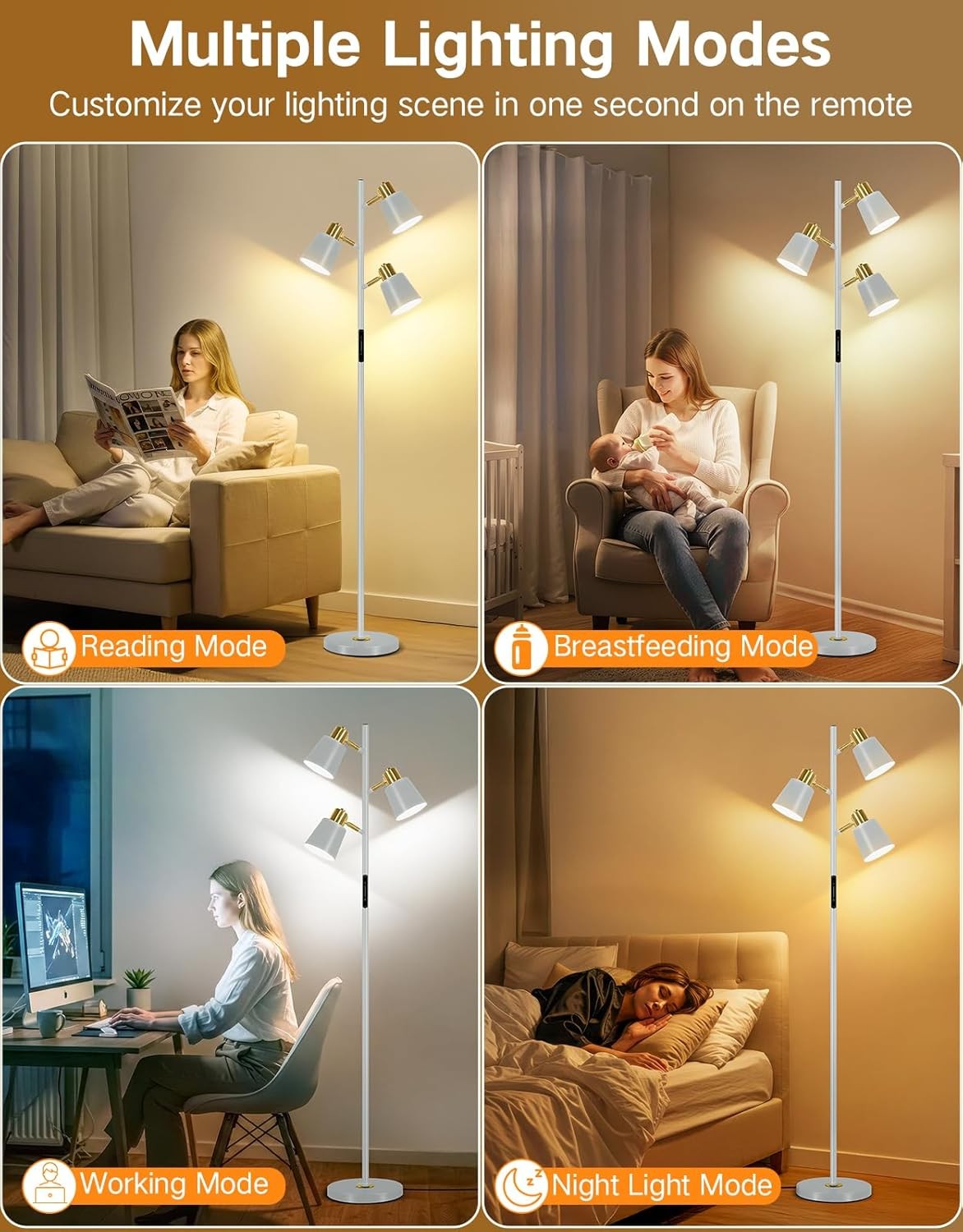 LED Tree Floor Lamp Dimmable Remote Touch 3 Head Adjustable Modern